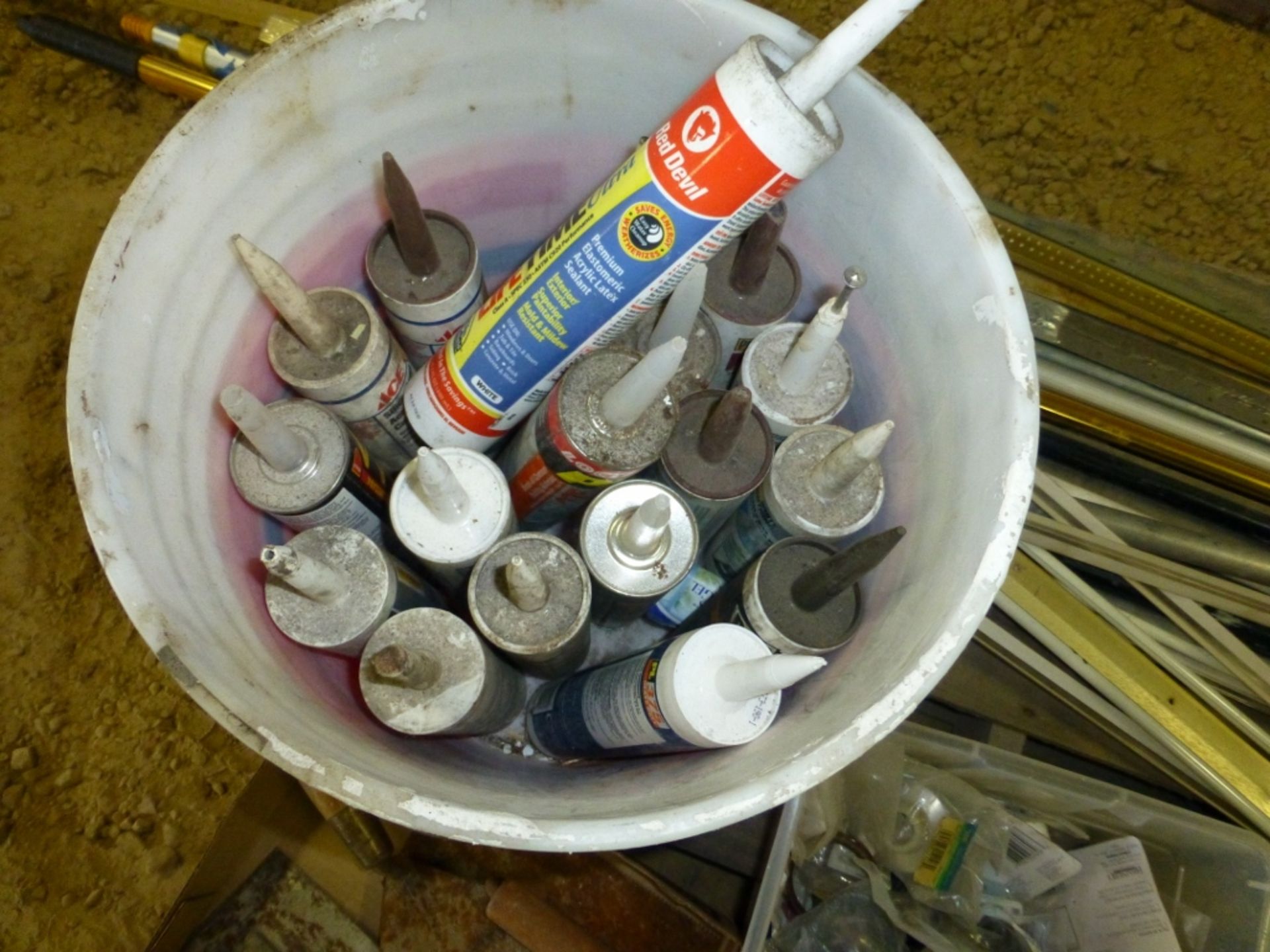 Pallet win several caulk and adhesive tubes, trowels, seam binders, broom handles, etc - Image 3 of 6