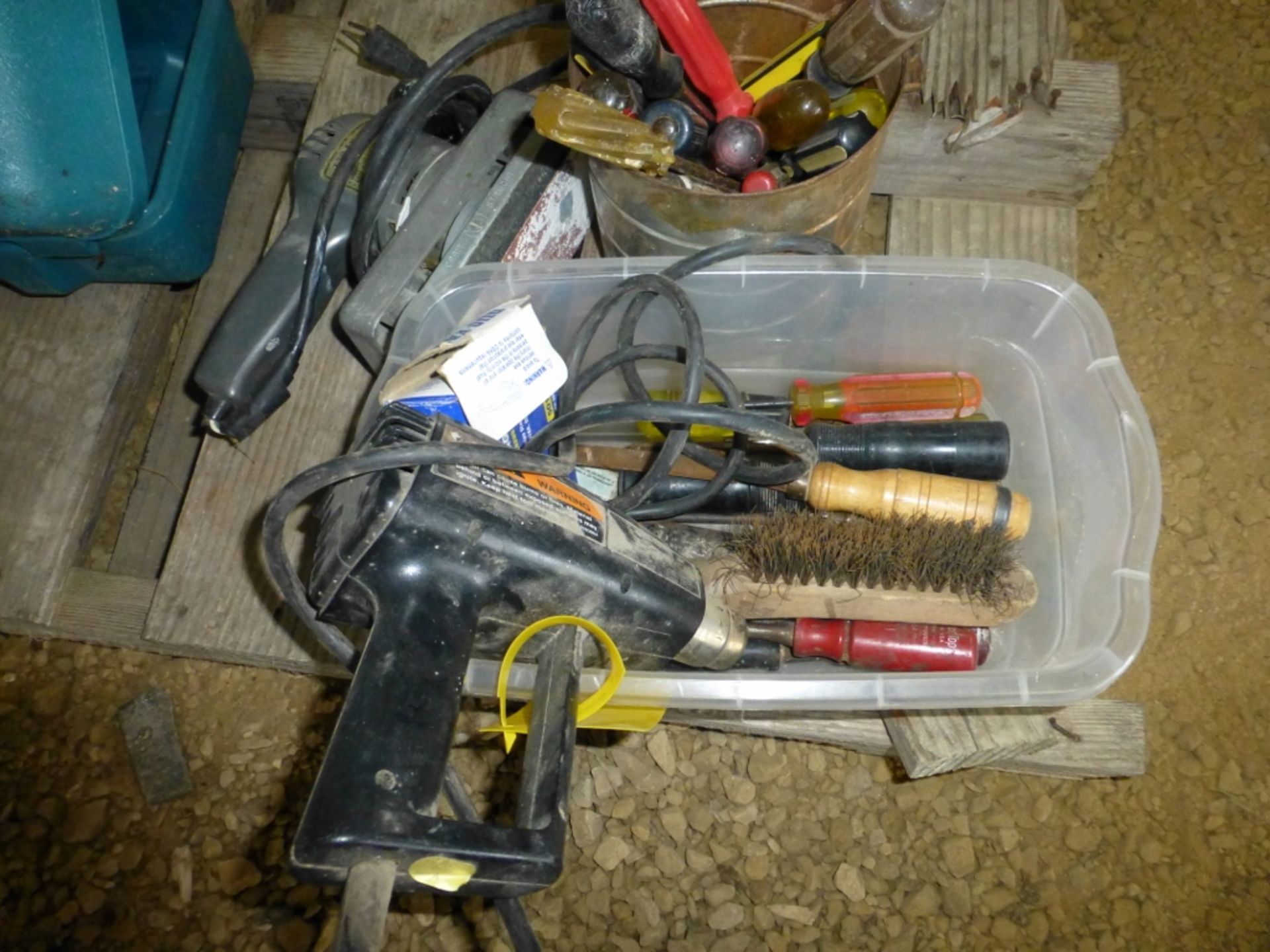 Tub with sander, drill, wire brush, screwdrivers, etc.