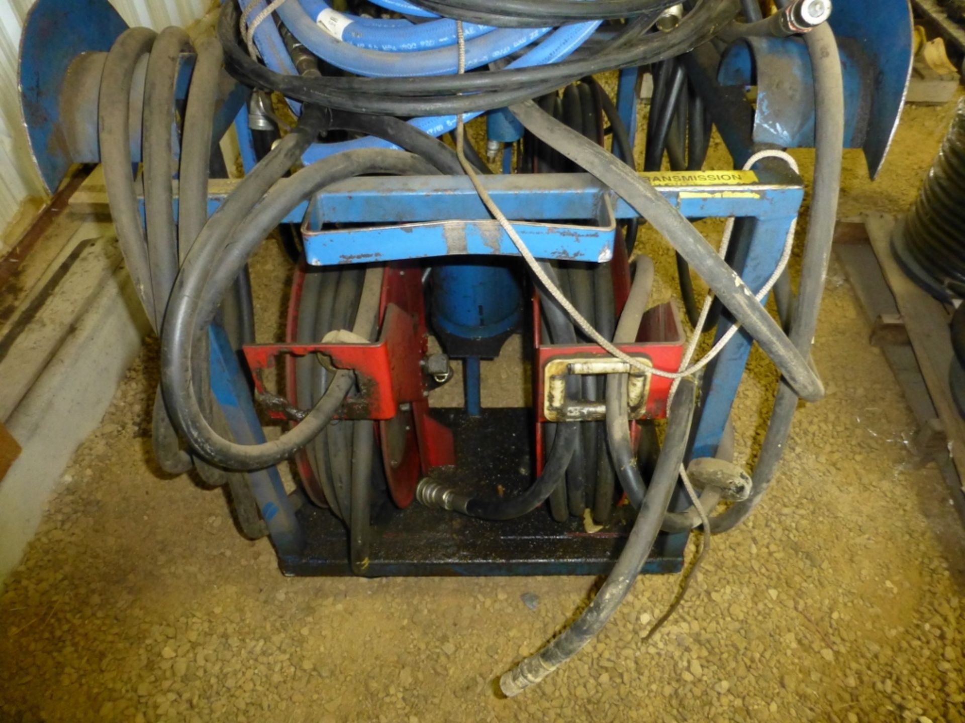 4 oil reels with hose, with grease pump and barrel pump, on cart - Image 7 of 9