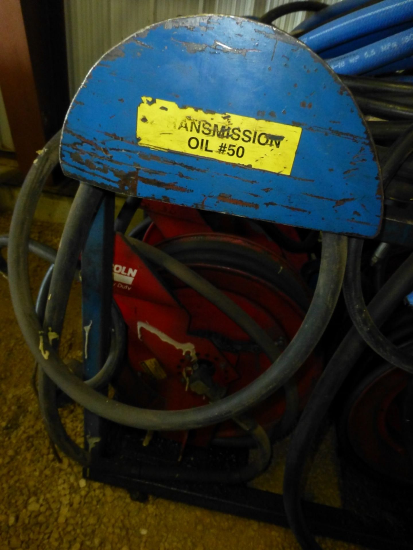 4 oil reels with hose, with grease pump and barrel pump, on cart - Image 3 of 9