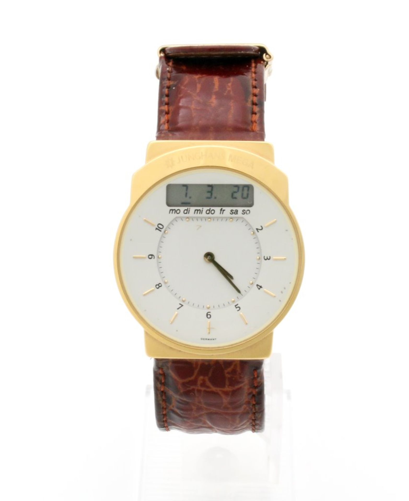 Armbanduhr Junghans Mega 1 - Funkuhr Quarzwerk-Funkuhr, Gehäuse vergoldet, weißes Zifferblatt, - Bild 2 aus 4