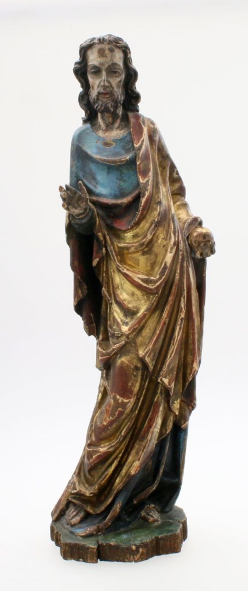 Apostelfigur im Stil um 1430 Auf Naturplinthe stehender Heiliger, über dem blau gefassten Gewand