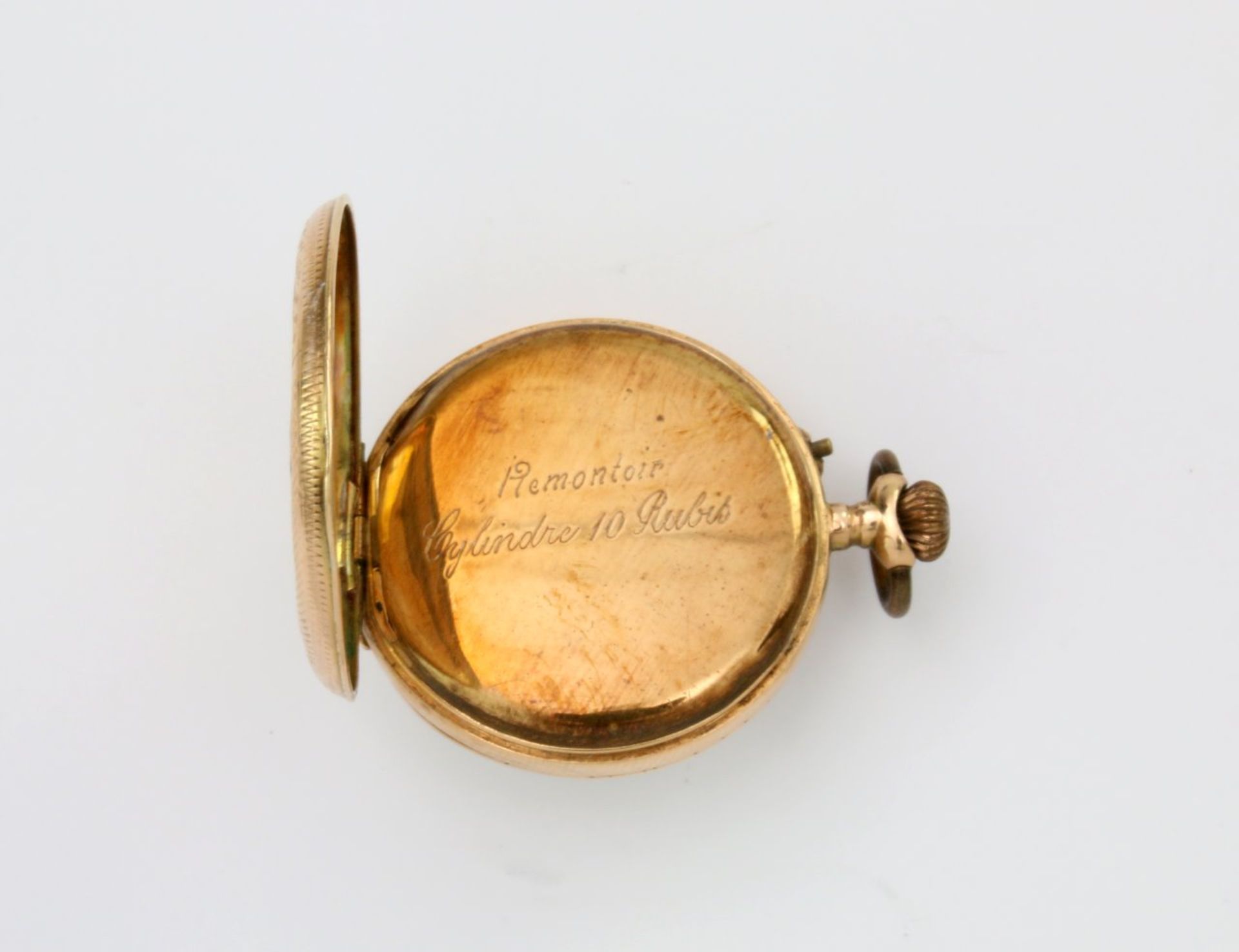 Goldene Taschenuhr Vergoldetes, schweizer, 10-steiniges Zylinderwerk. Weißes Emaillezifferblatt, - Bild 3 aus 4