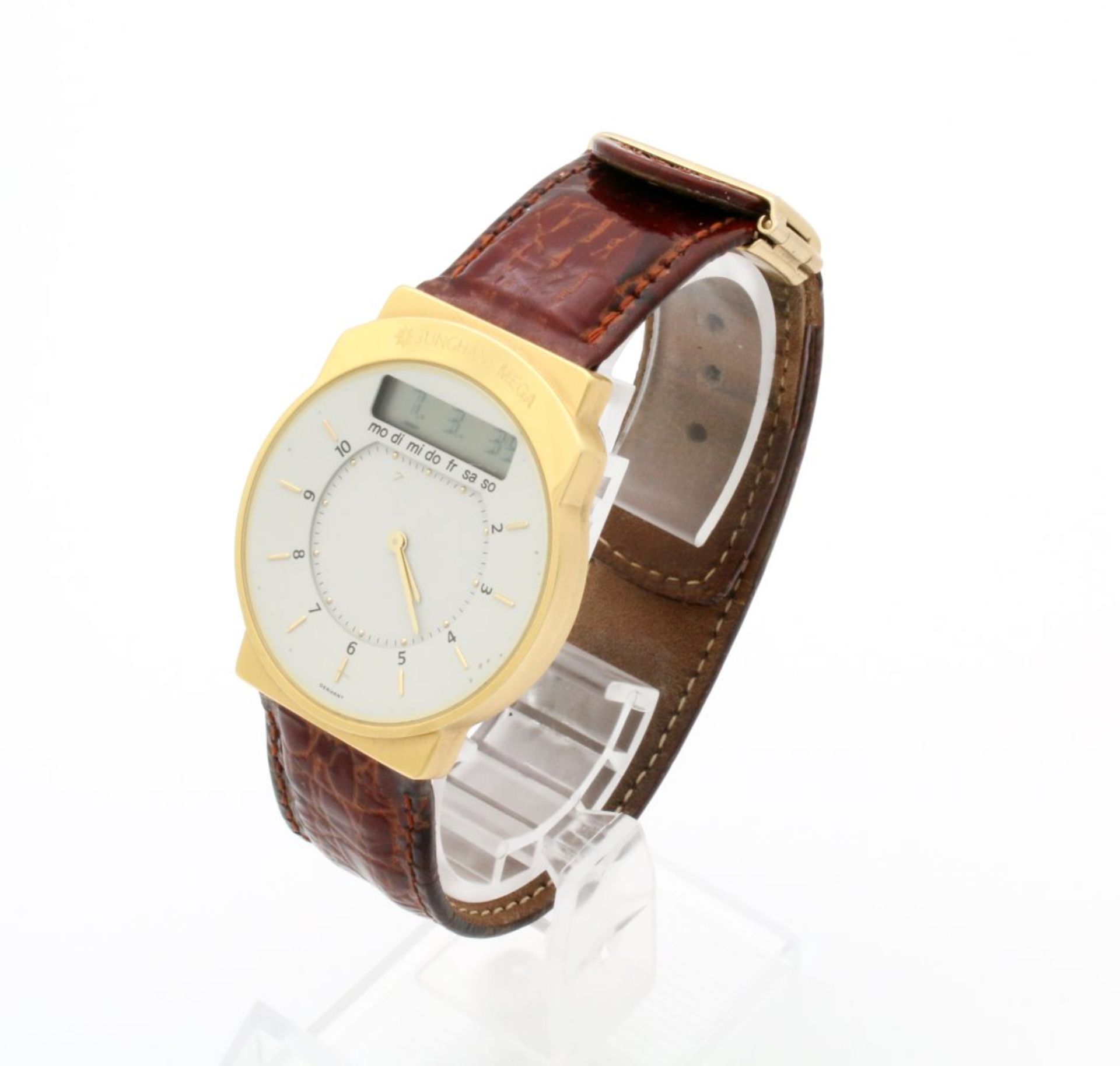Armbanduhr Junghans Mega 1 - Funkuhr Quarzwerk-Funkuhr, Gehäuse vergoldet, weißes Zifferblatt, - Bild 3 aus 4