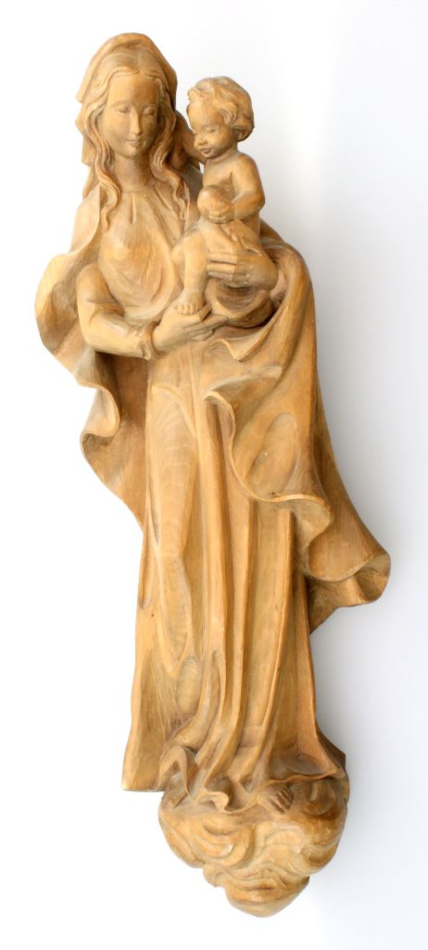 Madonna mit Kind Hartholzschnitzerei, fast vollplastisch ausgeführt, Rücken glatt für Wandmontage,