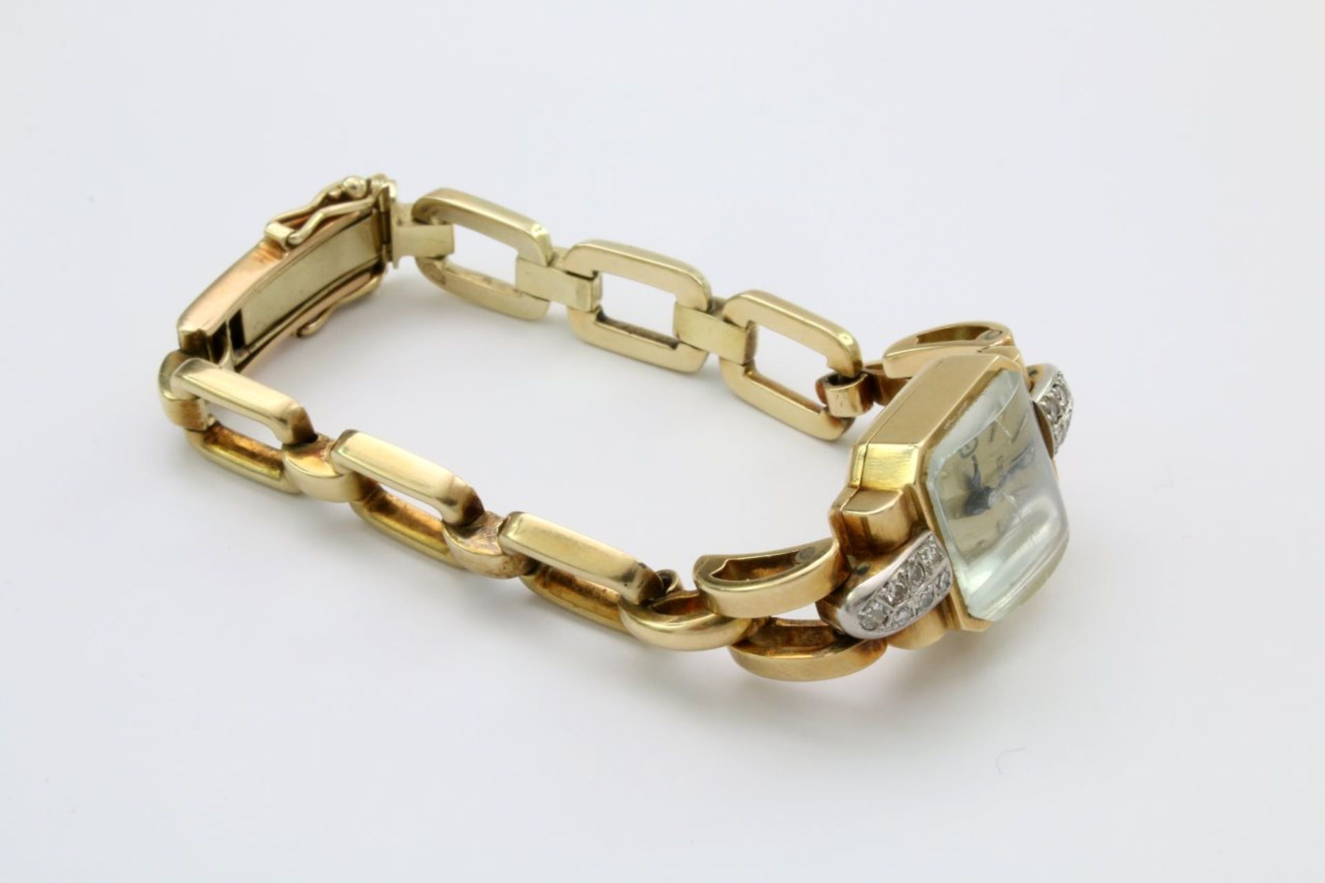 Goldene Armbanduhr Eszeha - brillantbesetzt Handaufzugswerk, rechteckiges Gelbgoldgehäuse 14 x 19 - Bild 3 aus 4