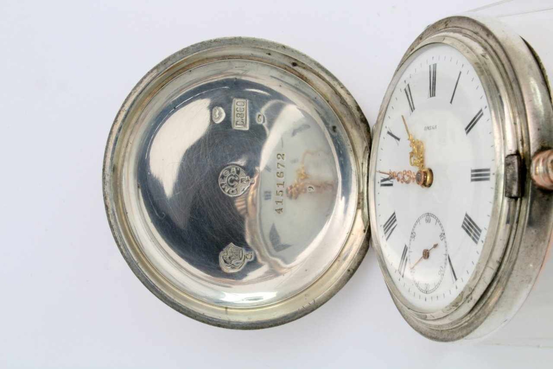 Silberne Taschenuhr Savonette Omega Vergoldetes, 15-steiniges 2-Brücken-Ankerwerk. Weißes - Bild 4 aus 6