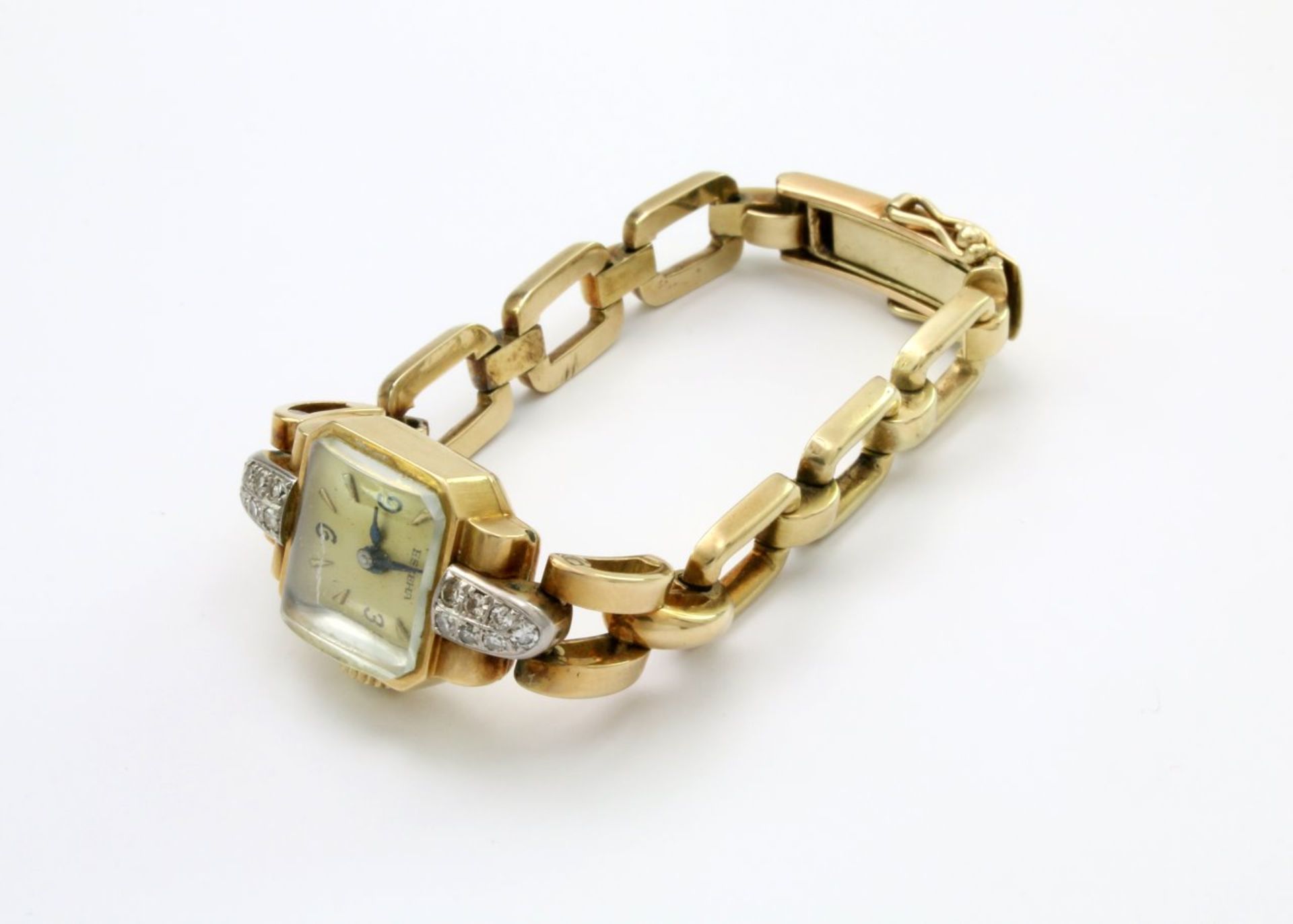 Goldene Armbanduhr Eszeha - brillantbesetzt Handaufzugswerk, rechteckiges Gelbgoldgehäuse 14 x 19 - Bild 2 aus 4