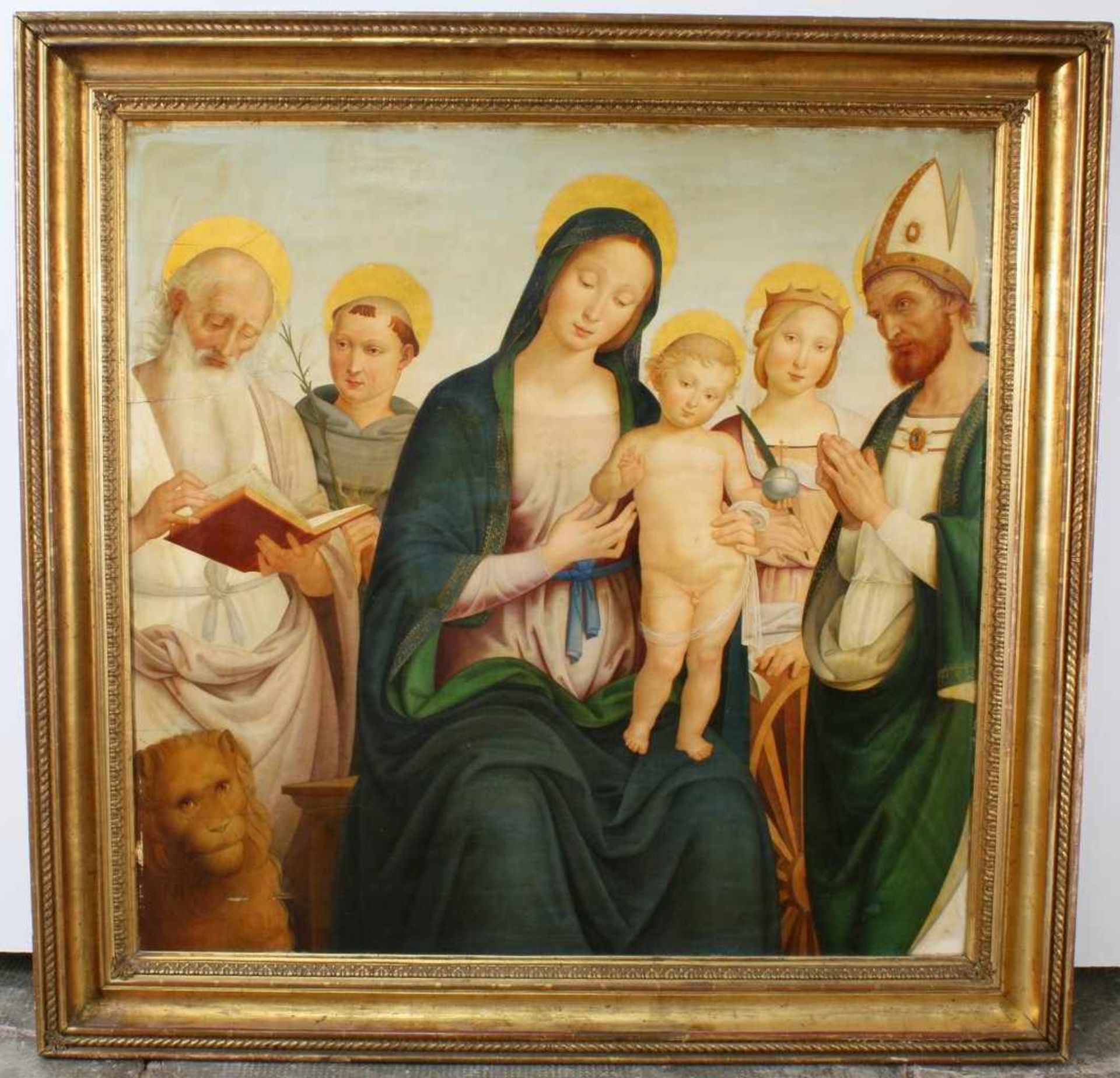 "Maria mit dem Kind und den 4 Heiligen" - nach Giovanni di Pietro (1450-1528) Öl auf Holz, verso - Bild 2 aus 4