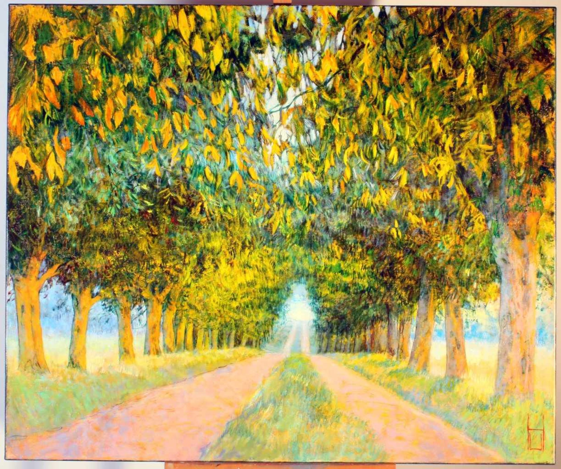 "Allee in Vogelsberg" - Uwe Herbst (*1952) Öl auf Leinwand, perspektivisch und farblich sehr - Bild 2 aus 2