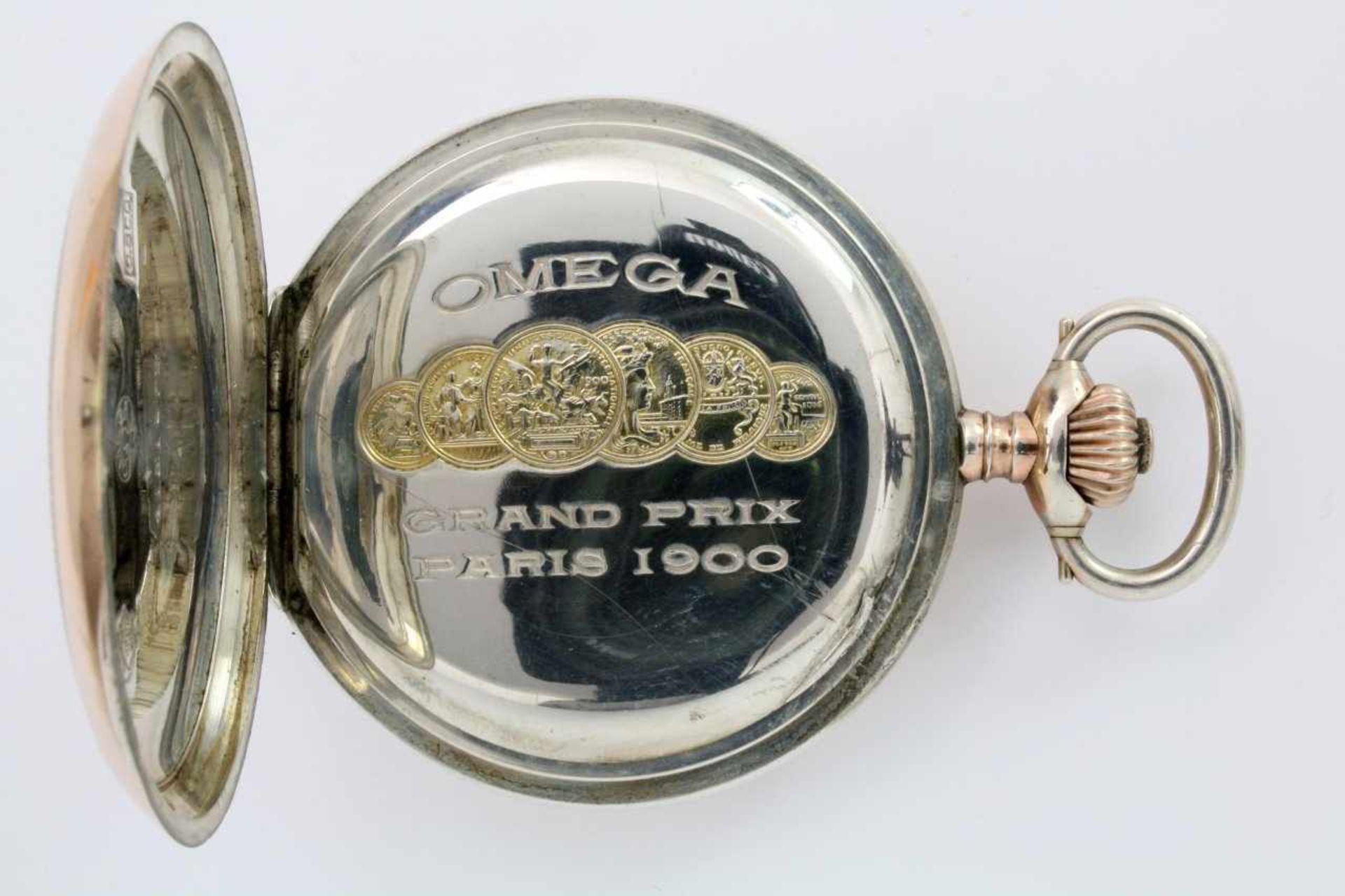 Silberne Taschenuhr Savonette Omega Vergoldetes, 15-steiniges 2-Brücken-Ankerwerk. Weißes - Bild 3 aus 6