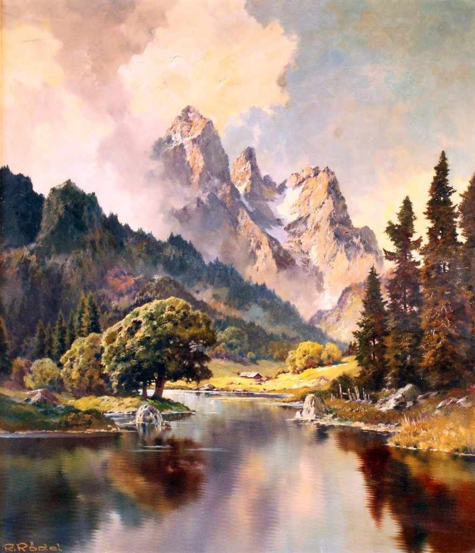 "Körbersee mit Kunzelspitze" - R. Rödel (*1914) Öl auf Leinwand, unten links signiert. Maße: 70 x 80