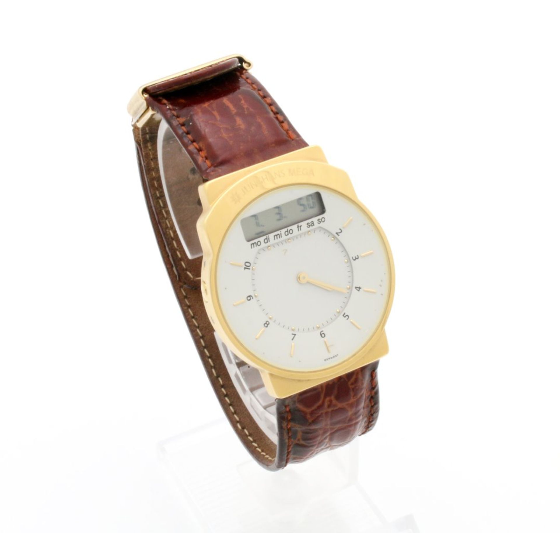 Armbanduhr Junghans Mega 1 - Funkuhr Quarzwerk-Funkuhr, Gehäuse vergoldet, weißes Zifferblatt,