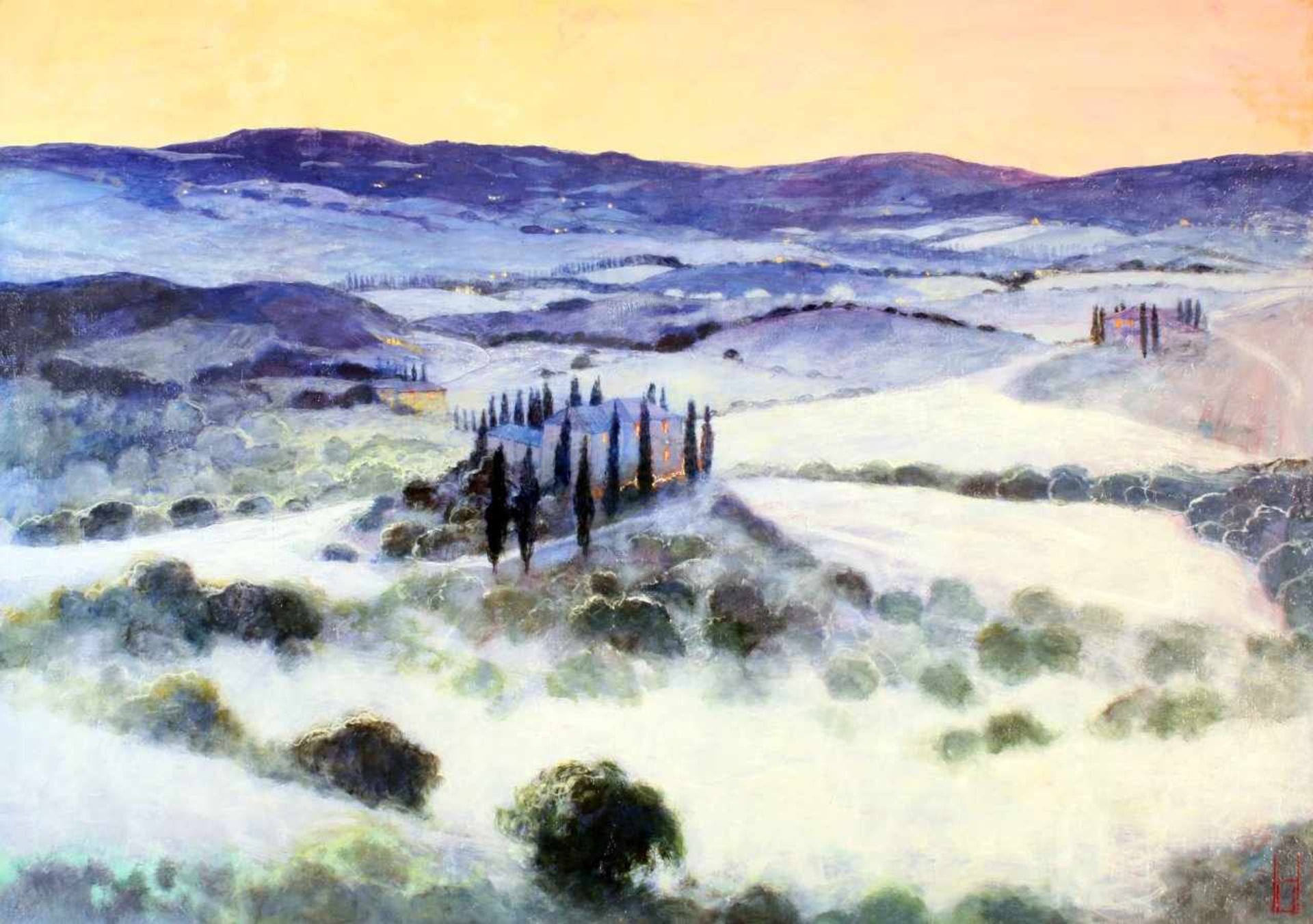 "Sonnenaufgang in Orcia" - Uwe Herbst (*1952) Öl auf Leinwand, wunderschöne, toskanische