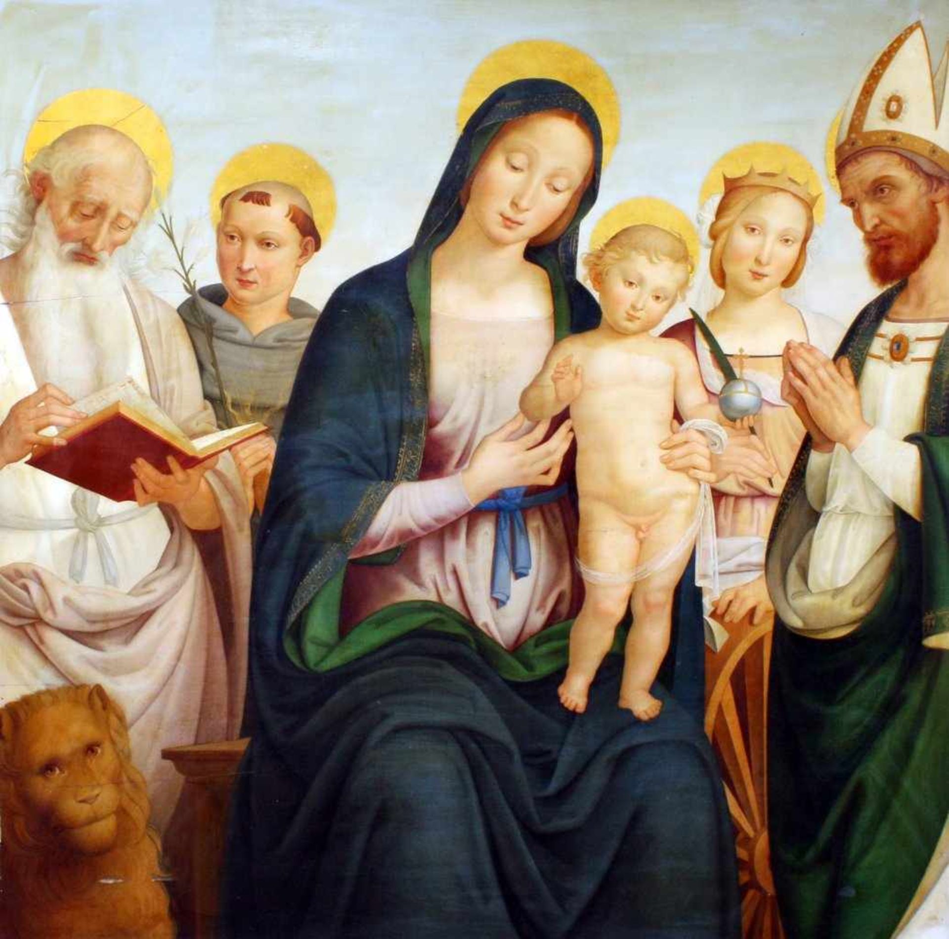 "Maria mit dem Kind und den 4 Heiligen" - nach Giovanni di Pietro (1450-1528) Öl auf Holz, verso
