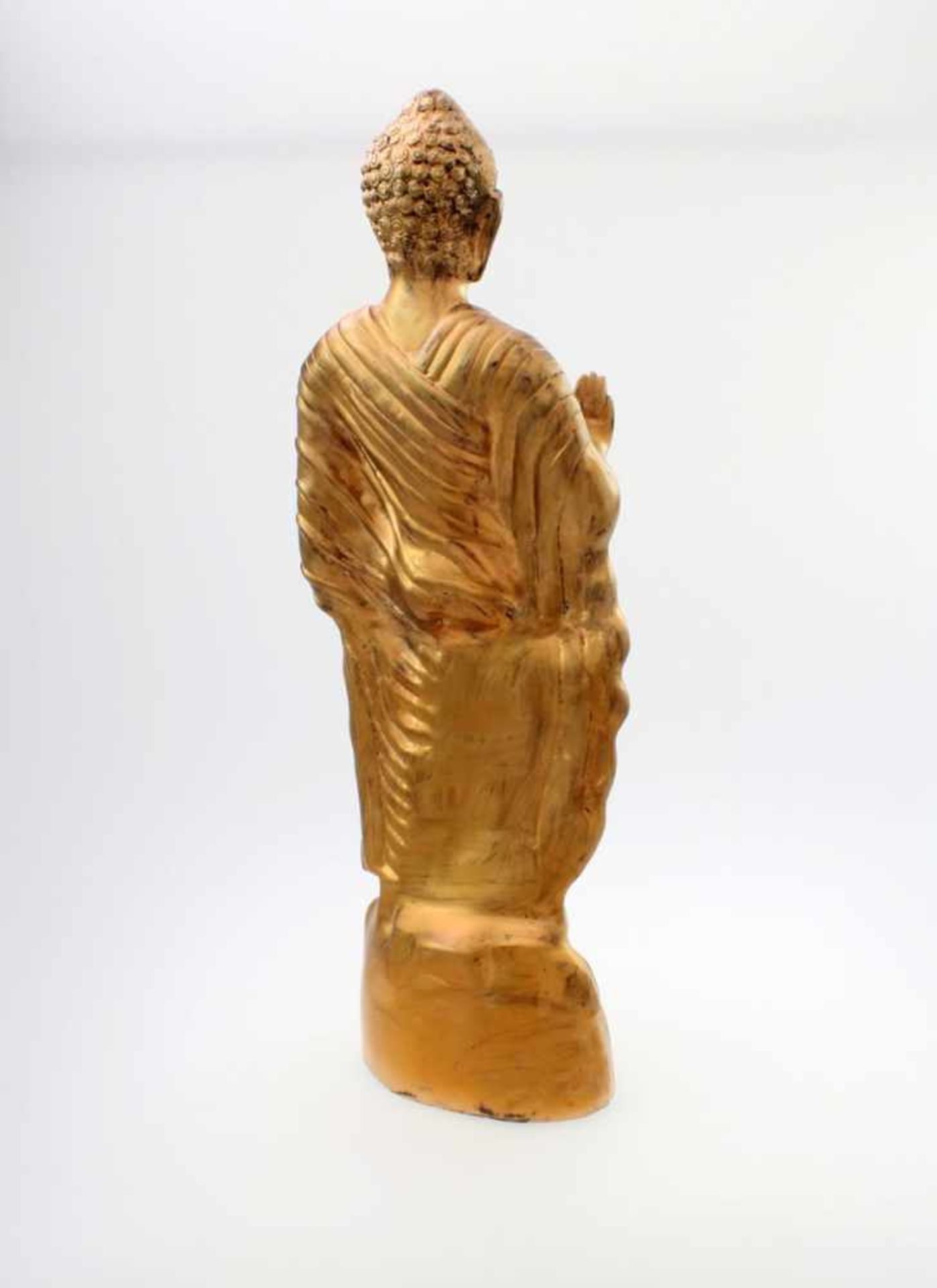Stehender Buddha - Indien Die Hand zur Lehre erhoben, auf runder Plinthe mit umlaufendem - Image 4 of 4