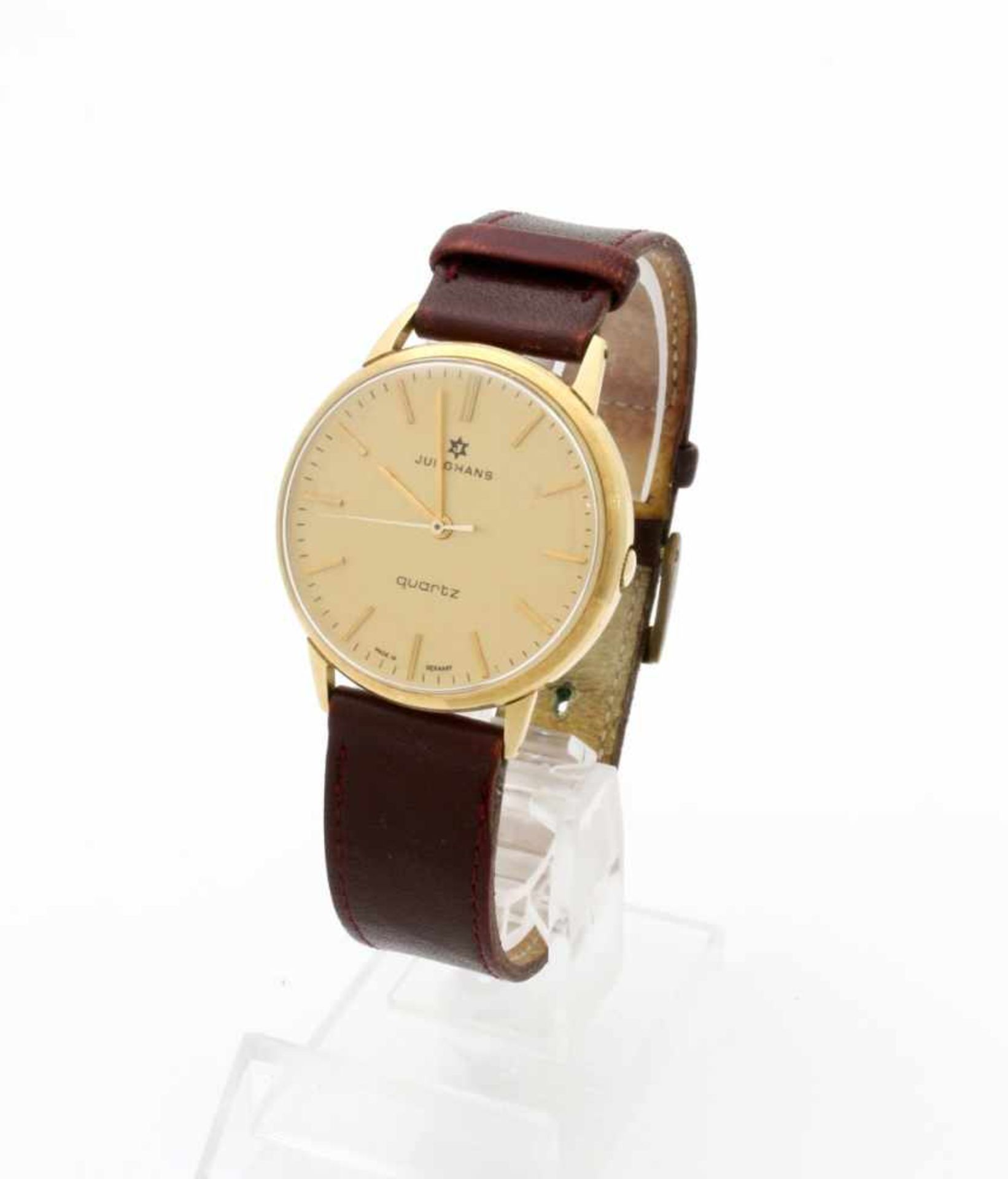 Goldene Armbanduhr Junghans 70er Jahre Quarzwerk, Ref. 667.01, Gehäuse GG 585, rückseitig Widmung, Ø - Bild 3 aus 4