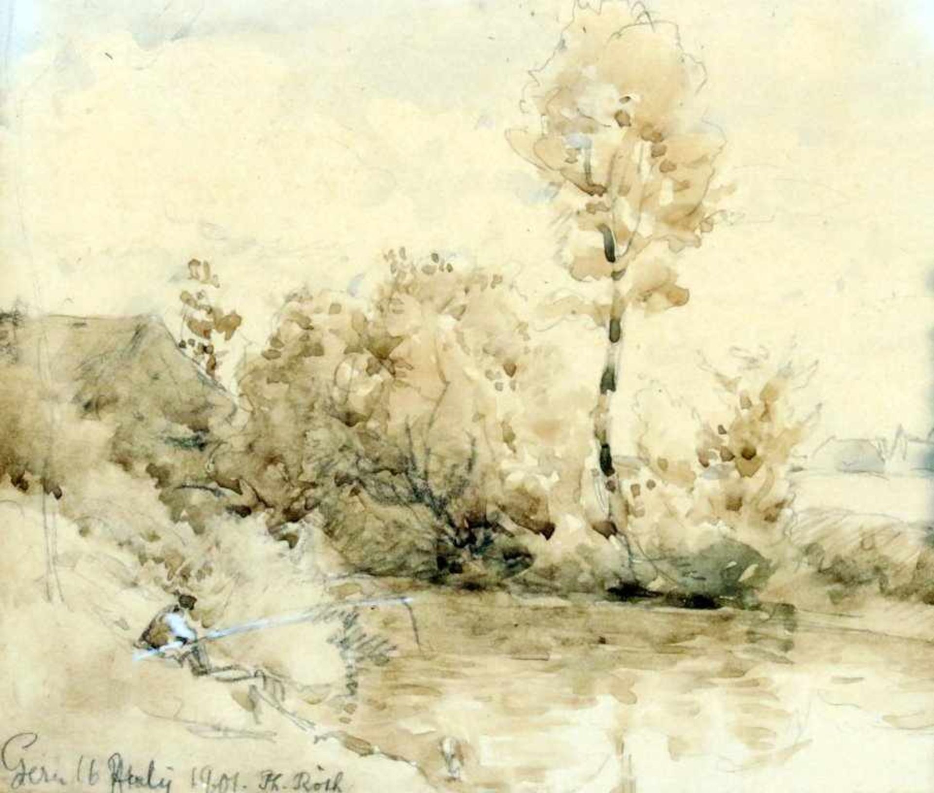 Landschaftsstudie zu Gern - Philipp Röth (1841-1921) Aquarell / Bleistiftzeichnung, unten links bez.