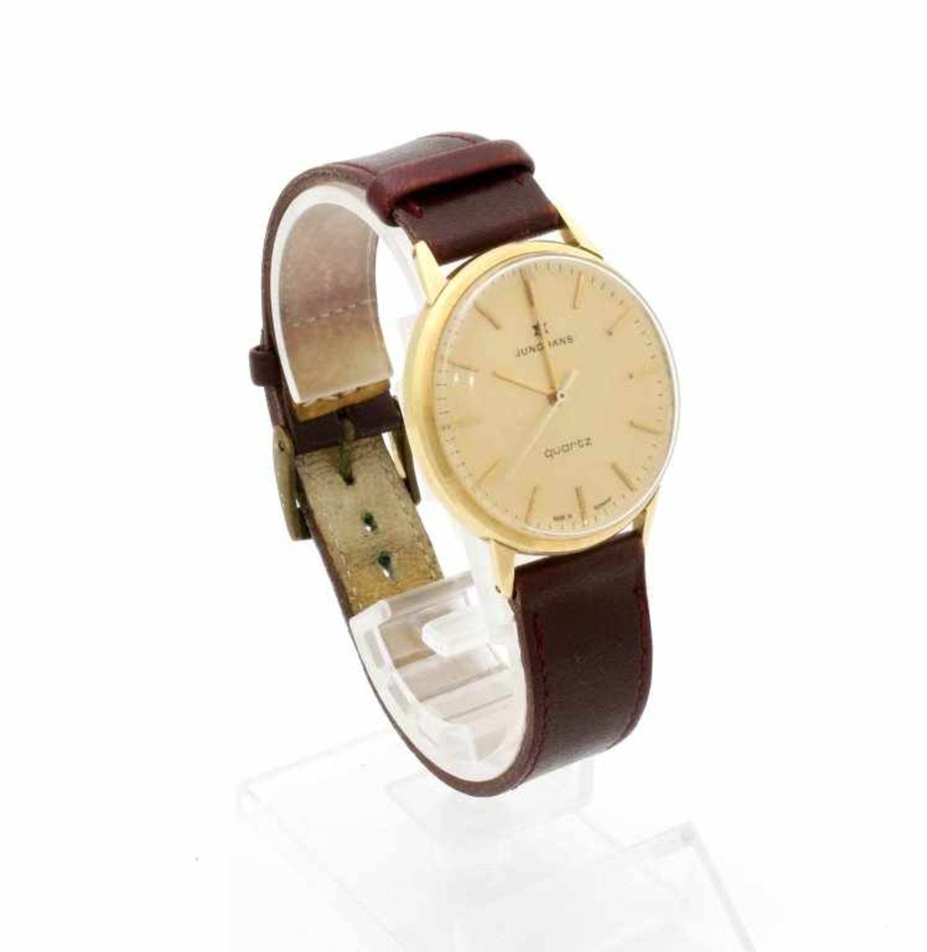 Goldene Armbanduhr Junghans 70er Jahre Quarzwerk, Ref. 667.01, Gehäuse GG 585, rückseitig Widmung, Ø