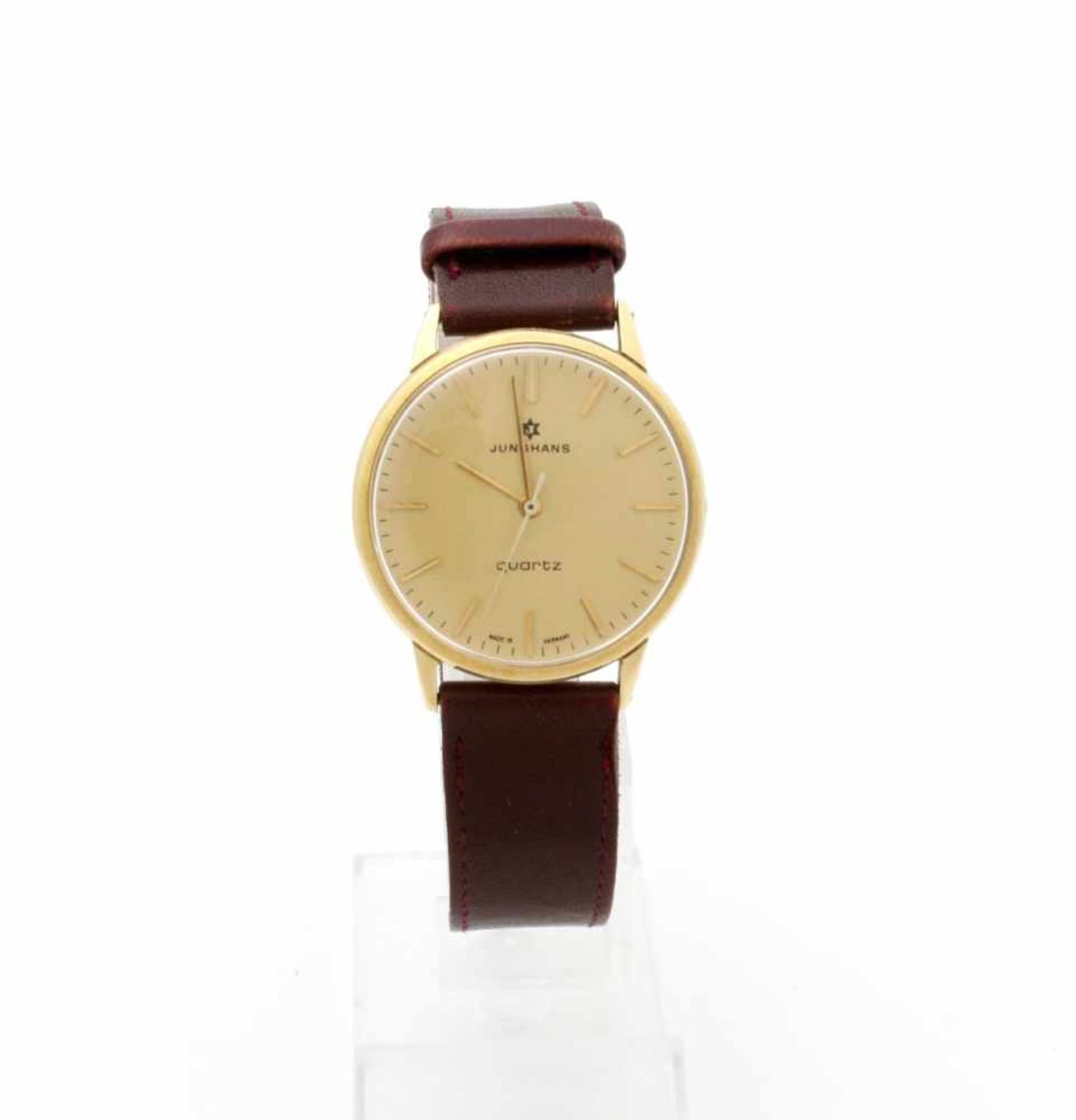 Goldene Armbanduhr Junghans 70er Jahre Quarzwerk, Ref. 667.01, Gehäuse GG 585, rückseitig Widmung, Ø - Bild 2 aus 4