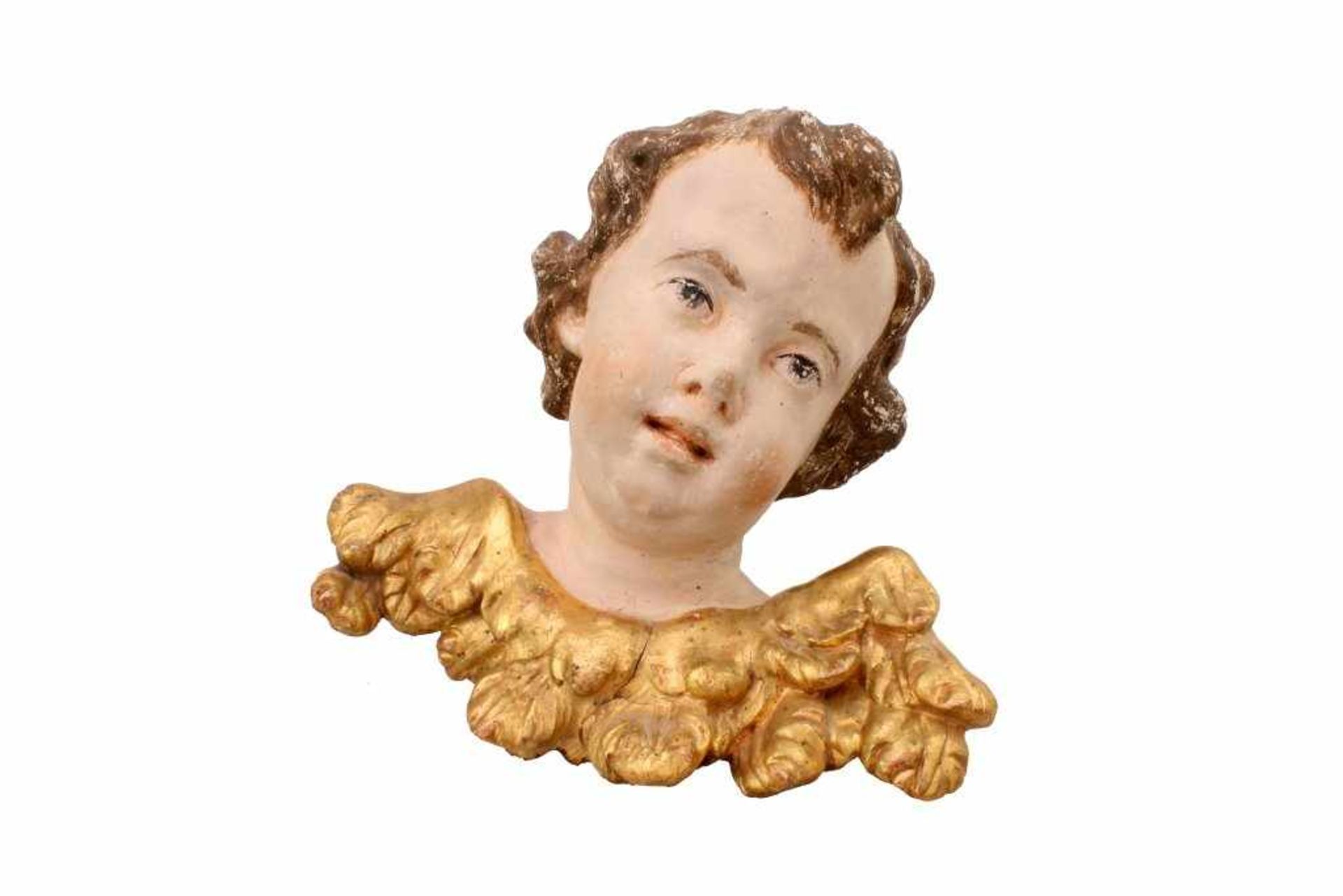 Putto Barock 18. Jahrhundert Holzschnitzerei, polychrom gefasst, Flügel goldstaffiert, etwas