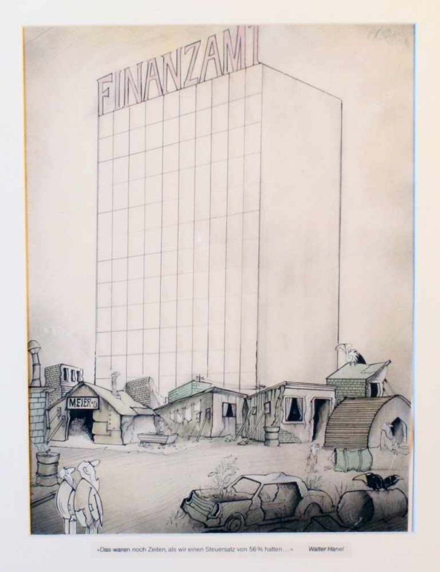 Karikatur - "Finanzamt" - Walter Hanel (*1930) Mischtechnik, oben links signiert, unten betitelt und