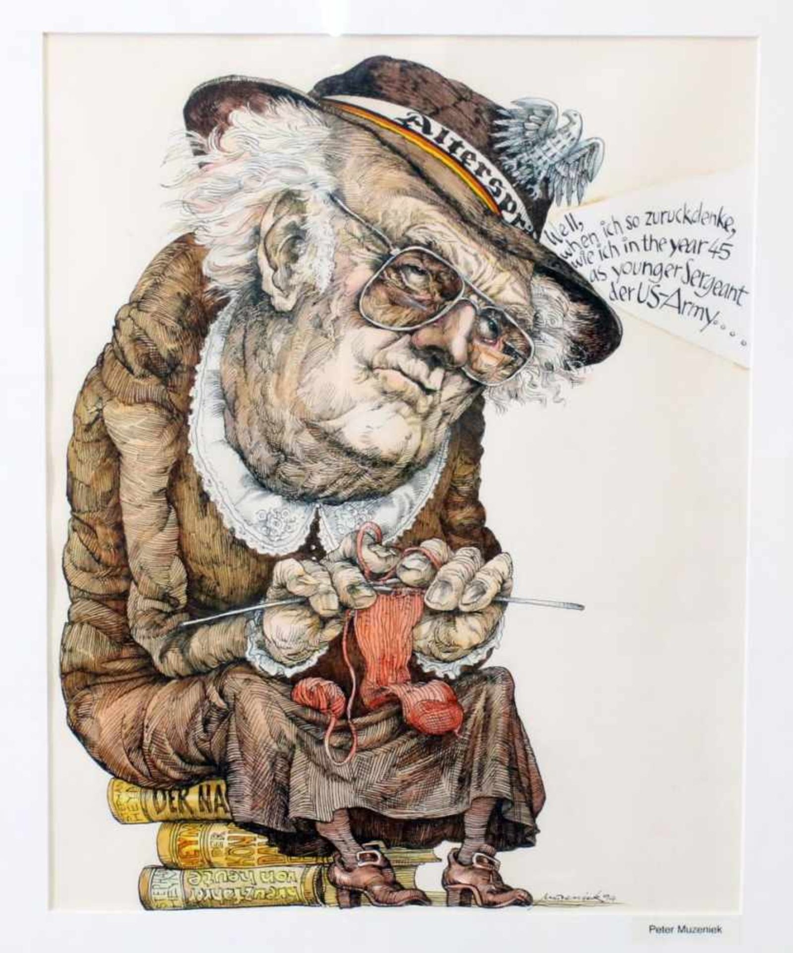 Karikatur - "Alterspräsident" - Peter Muzeniek (*1941) Tusche / Aquarell, unten rechts signiert