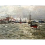 "Hafenansicht" - Andreas Dirks (1865-1922) Öl auf Leinwand, impressionistische Malerei, unten rechts