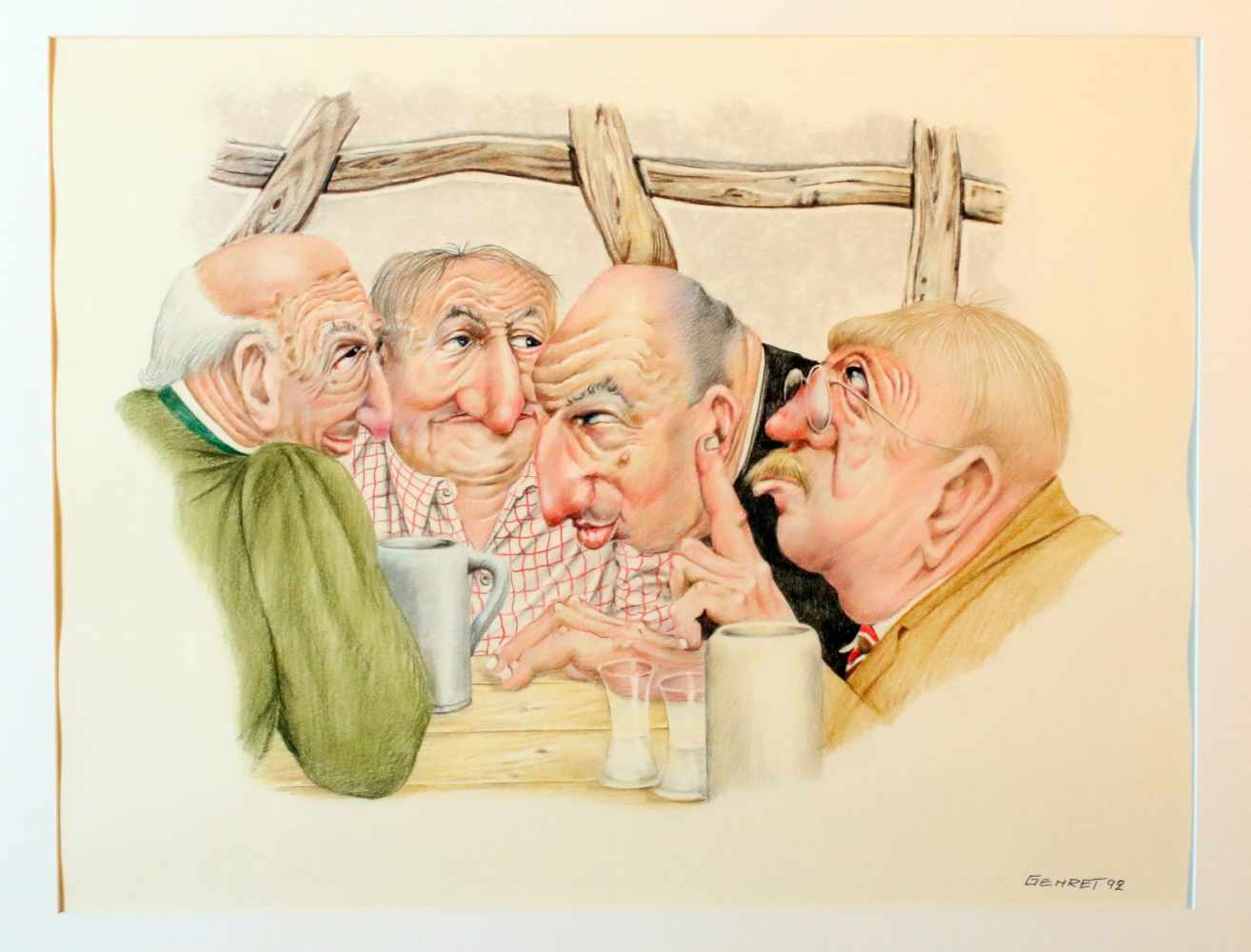 Karikatur - "Stammtisch" - Armin Gehret (*1923) Bleistift / Buntstift, unten rechts signiert und