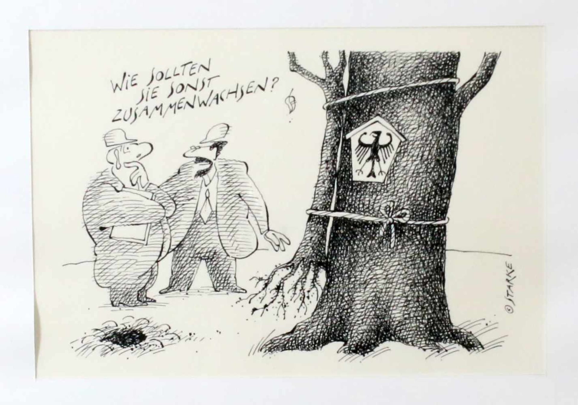 Karikatur - "Zusammenwachsen" - Hans-Jürgen Starke (*1940) Tuschezeichnung, unten rechts signiert.