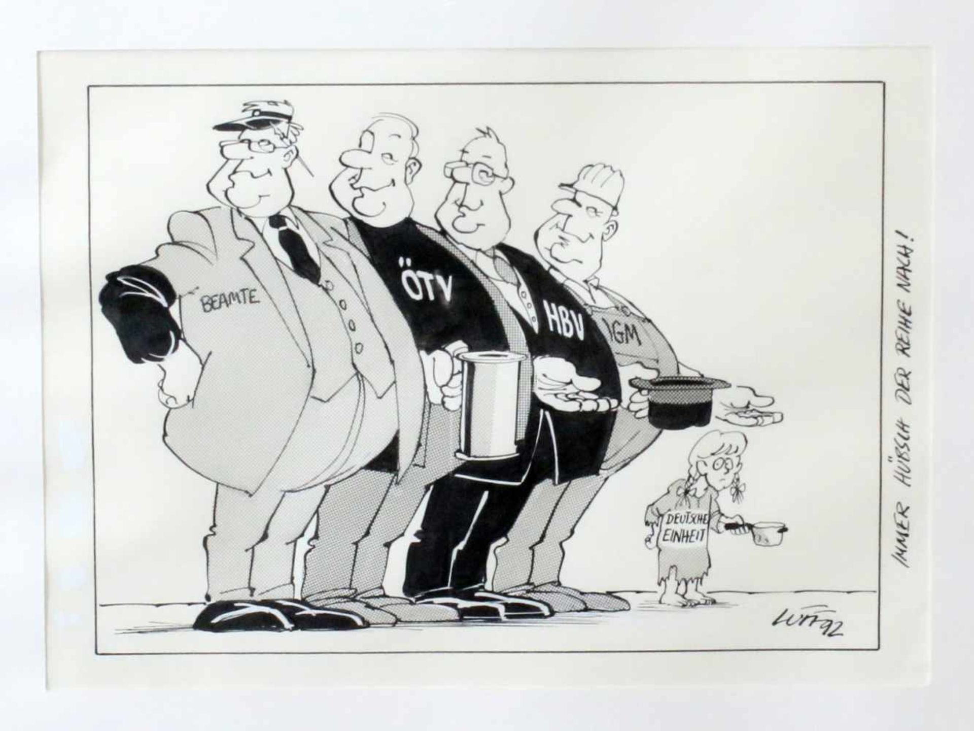Karikatur - "Immer schön der Reihe nach" - Rolf Henn alias "Luff" (*1956) Mischtechnik / Tusche,