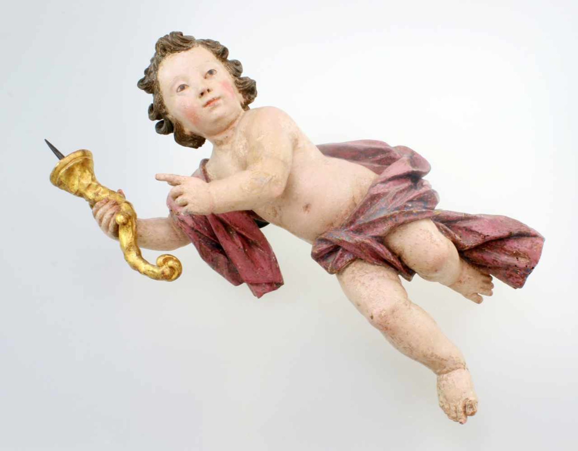Große Barockamorette 18. Jahrhundert Holzschnitzerei, originale, polychrome Fassung auf Kreidegrund,