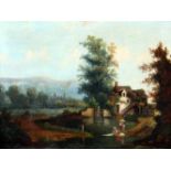 "Mühle am Bach" - Gemälde um 1870 Öl auf Leinwand, Gebäude mit Bäumen und Figurenstaffage, im