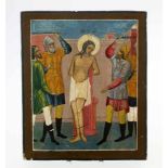 Russische Ikone - 19. Jahrhundert Eitempera auf Kreidegrund. Geiselung Jesus'. Maße: 22 x 26 cm.