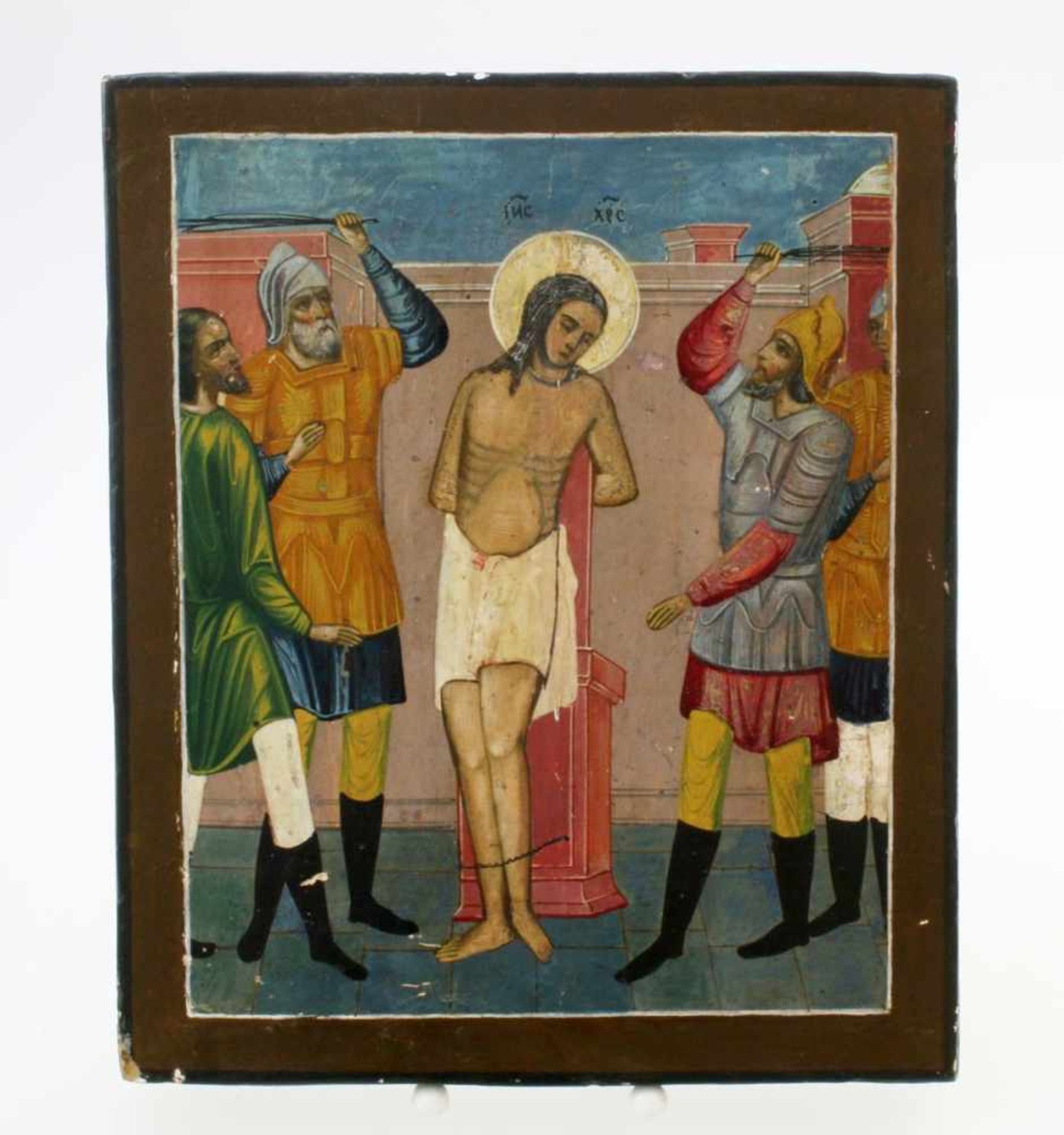 Russische Ikone - 19. Jahrhundert Eitempera auf Kreidegrund. Geiselung Jesus'. Maße: 22 x 26 cm.