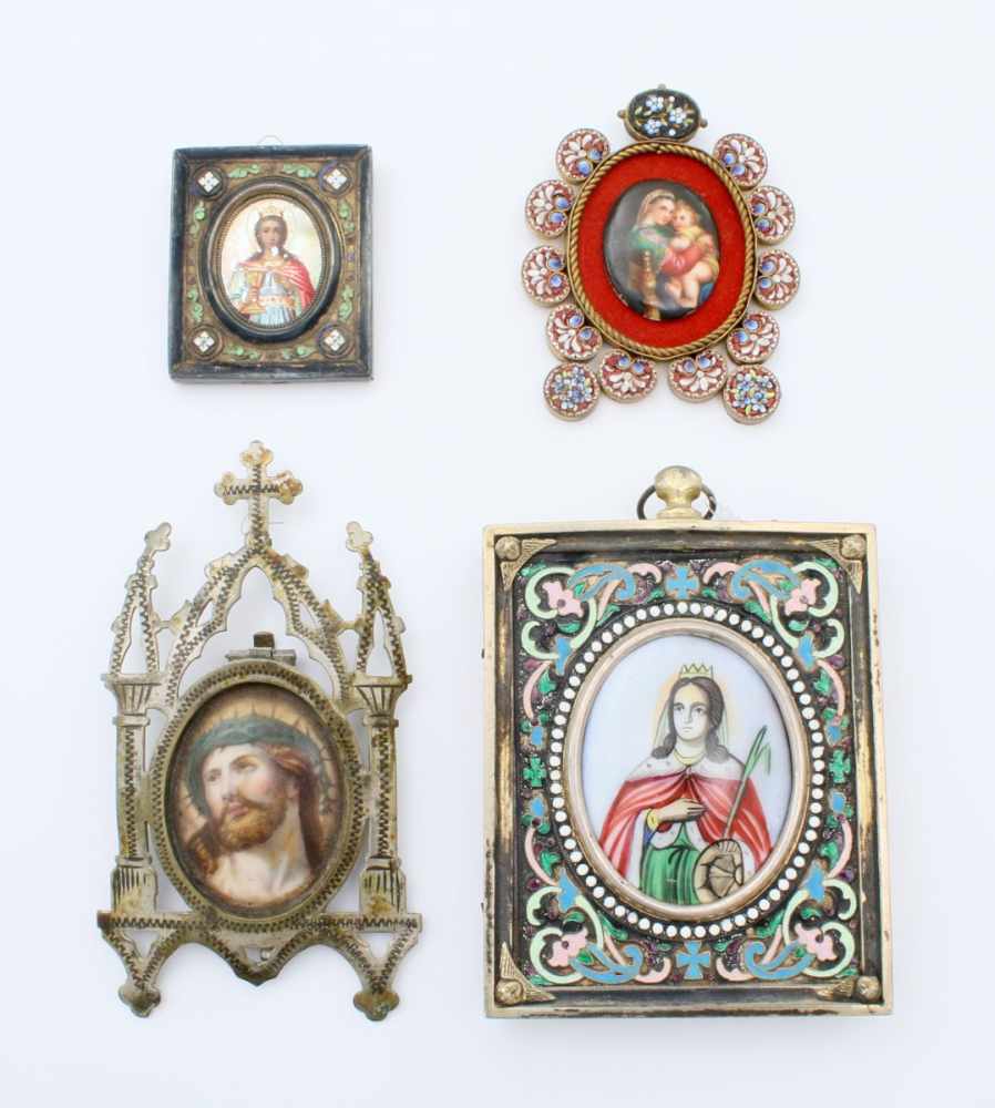 Klosterarbeit - vier Votive, Malerei auf Porzellan und Perlmutt Haupt Jesu, Porzellanmalerei, in