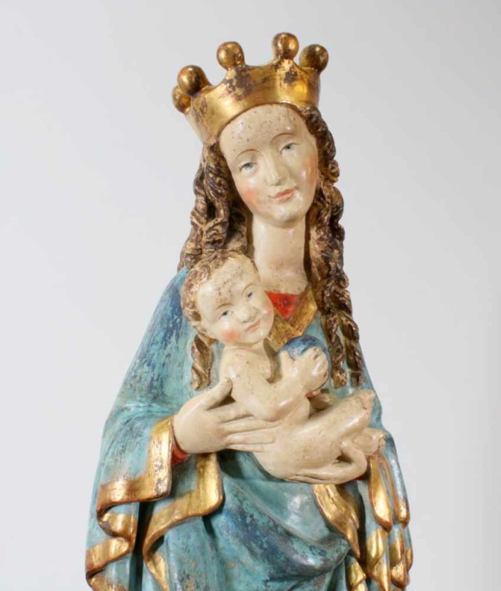 Große Holzfigur - Madonna mit Kind Polychrom - und goldstaffiert, Jesuskind mit Erdball in beiden - Bild 4 aus 4