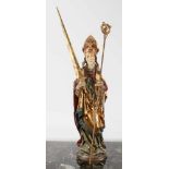 Große Holzfigur - Heiliger Kilian Figur polychrom - und goldstaffiert, in der linken Hand