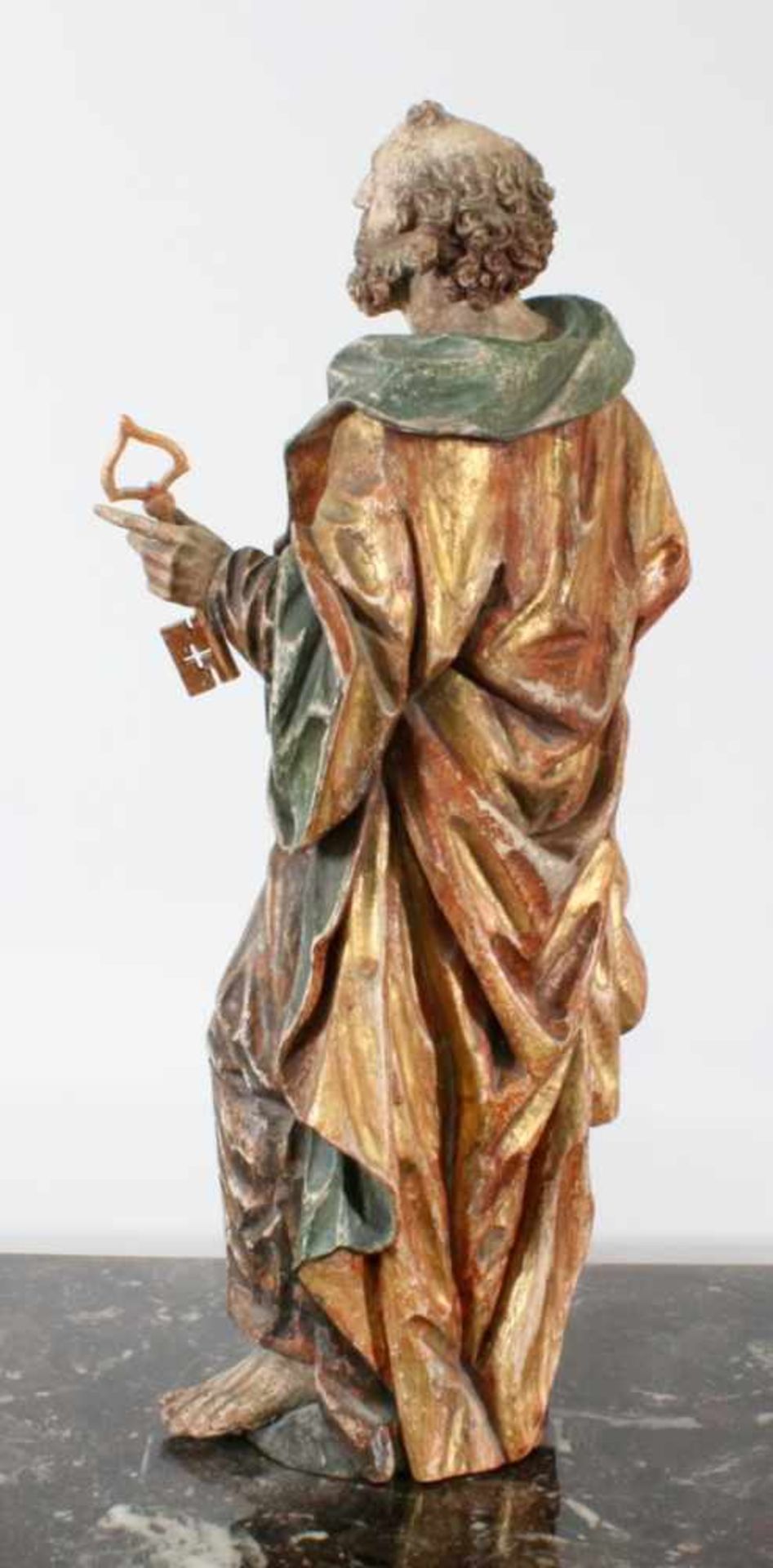 Große Holzfigur - Heiliger Petrus Figur polychrom - und goldstaffiert, antiquisiert, schöner - Bild 3 aus 4