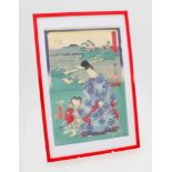 Farbholzschnitt Hiroshige und Kunisada - Japan 19. Jahrhundert Figurenstaffage, im Hintergrund