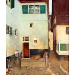 "Hinterhof" - Carl Blos (1860-1941) Öl auf Leinwand, dörfliche Darstellung um 1910, unten links
