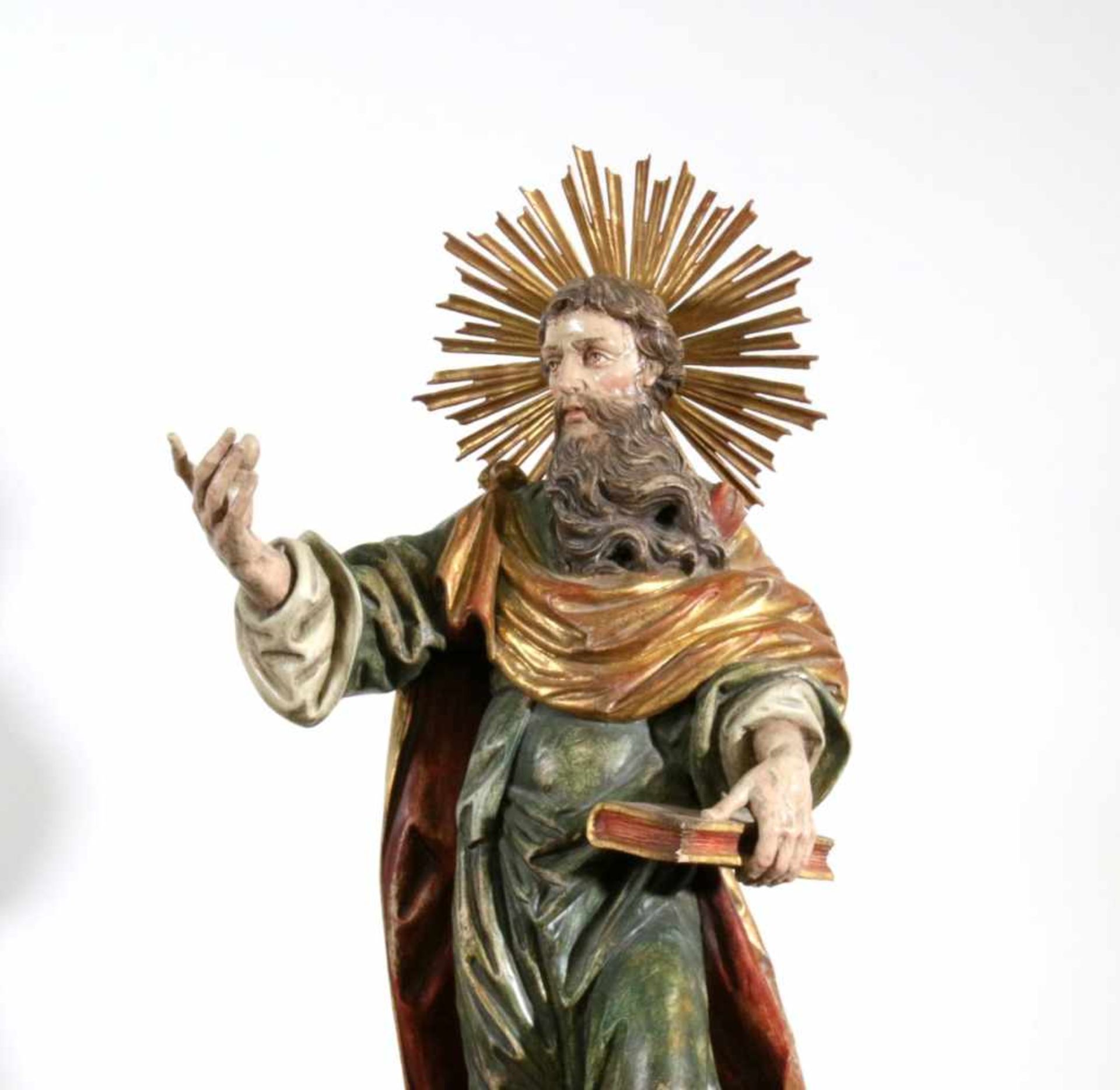 Große Holzfigur - Heiliger Matthäus Polychrom- und goldstaffiert, Figur mit Strahlenkranz und Buch - Bild 5 aus 5