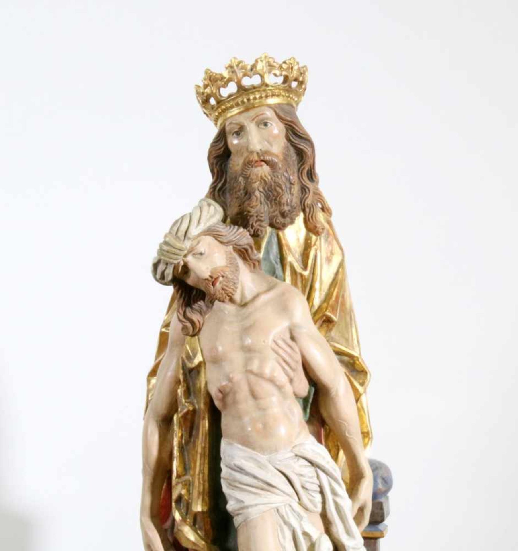 Große Holzfigur - Gottvater mit Jesus Polychrom- und goldstaffiert, Gottvater hält Jesus in den - Bild 5 aus 5