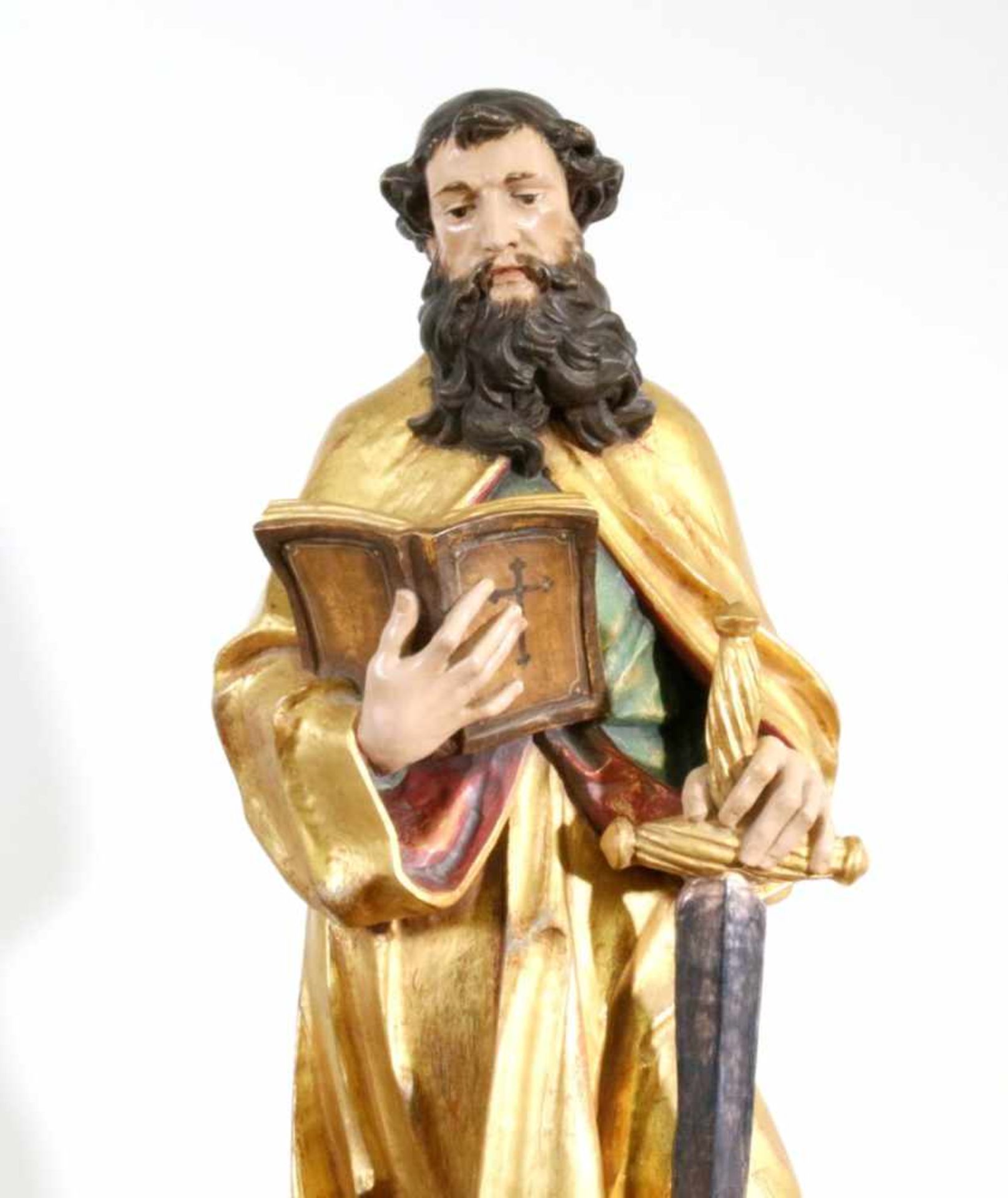 Große Holzfigur - Heiliger Paulus Polychrom- und goldstaffiert, in der rechten Buch, in der linken - Bild 5 aus 5