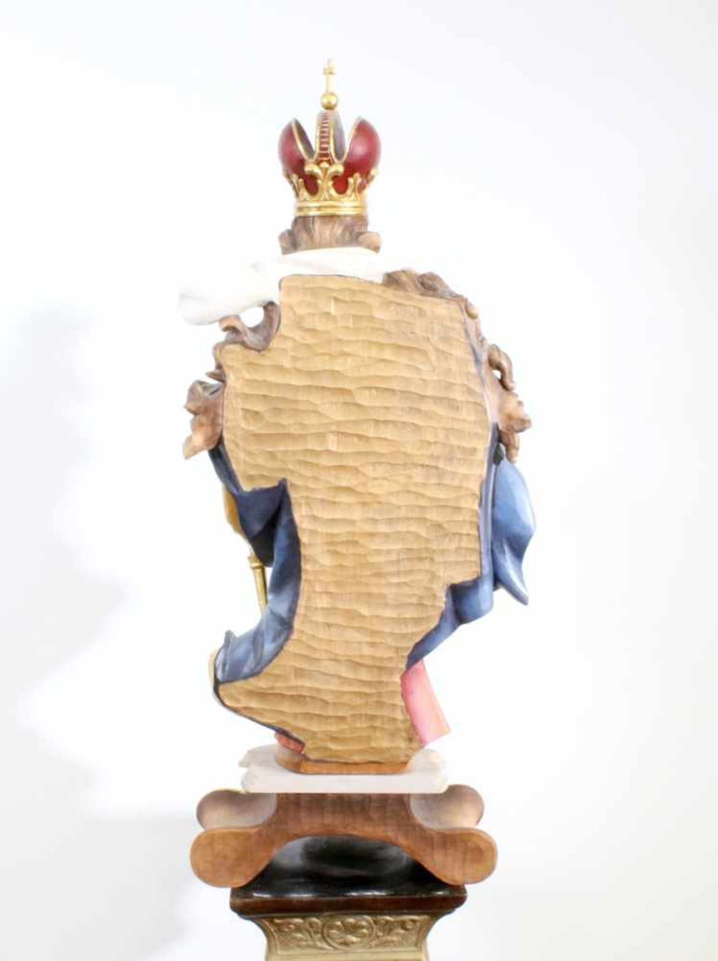 Große Holzfigur - Madonna mit Kind Polychrom- und goldstaffiert, fein geschnitzte Darstellung, in - Bild 3 aus 5