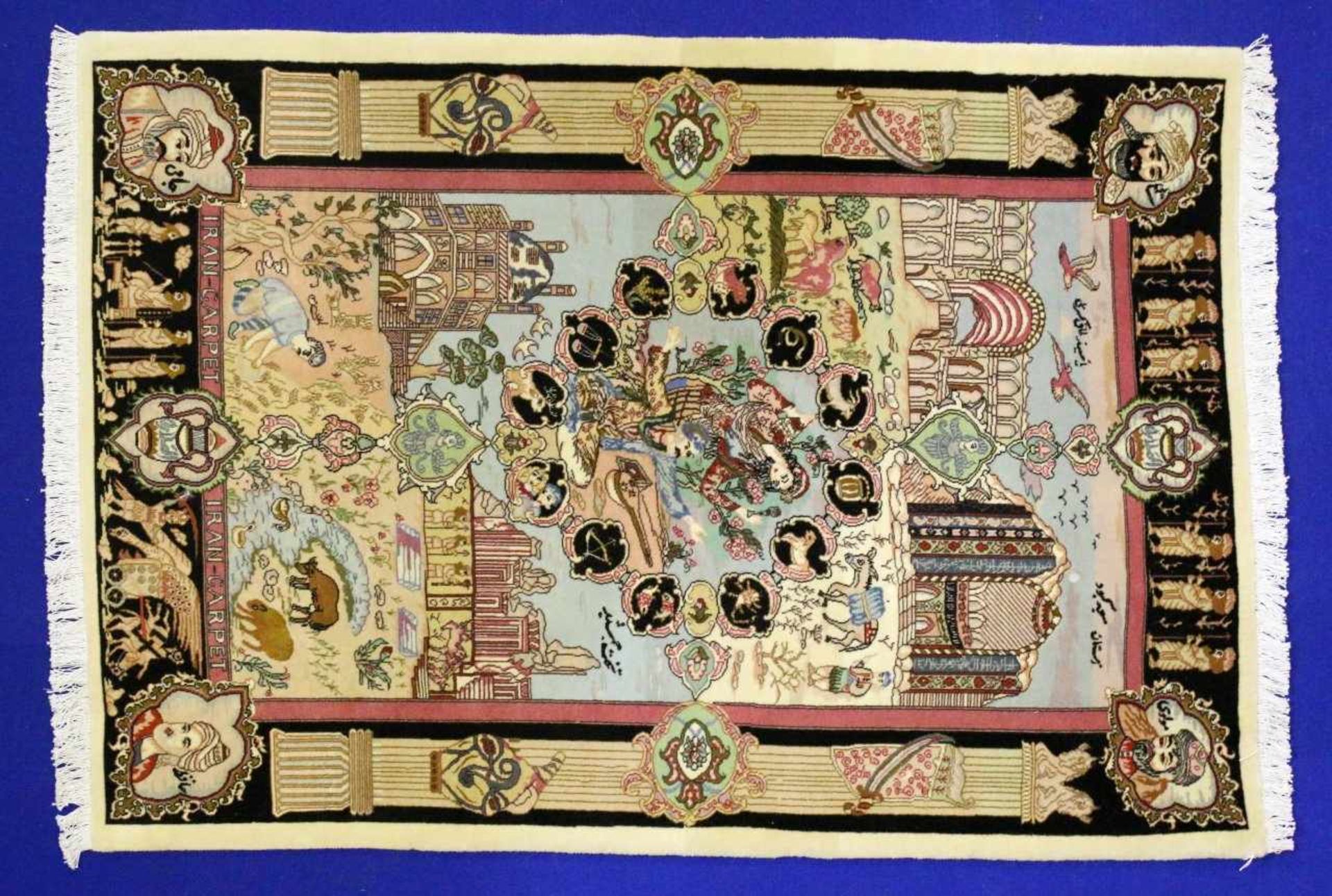 Täbriz - Persien - Wolle auf Baumwolle (Vier Jahreszeiten) 4 Medaillons mit berühmten Persern, Mitte