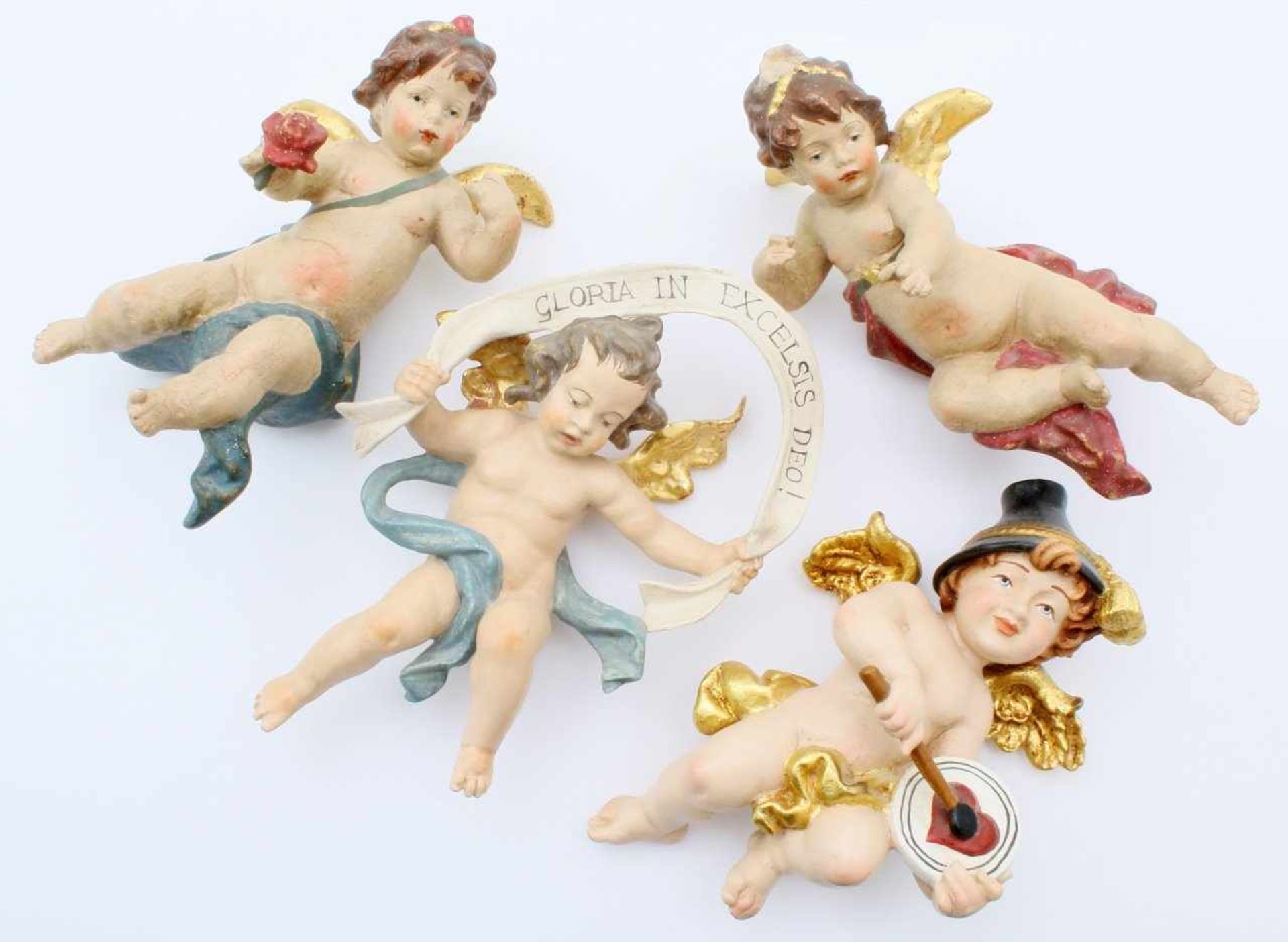 Krippenfiguren - 4 Engel Fein polychrom- und goldstaffierte Figuren, 1 x Herst. Josef Albl,