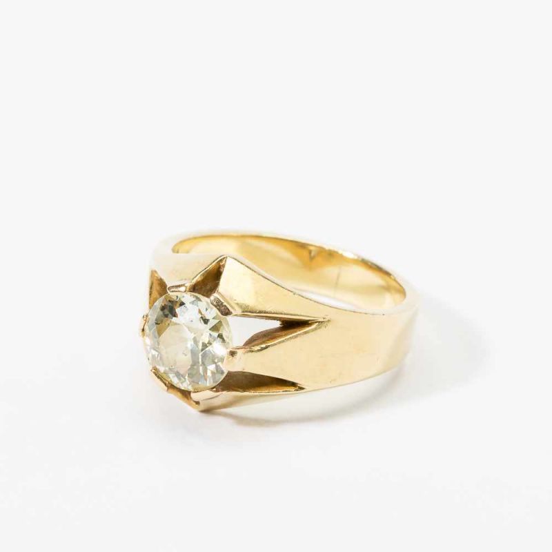 A 14 carat gold diamond gentleman's ring Circa 1950 Centered by an old-cut diamond weighing approx.