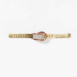 A Retro 18 carat gold, diamond and ruby bracelet watch Circa 1935 The watch covered and throughout