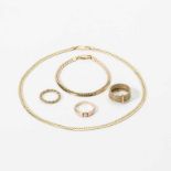 An 18 carat gold necklace and bracelet, an 18 carat gold and diamond ring and two 18 carat three-